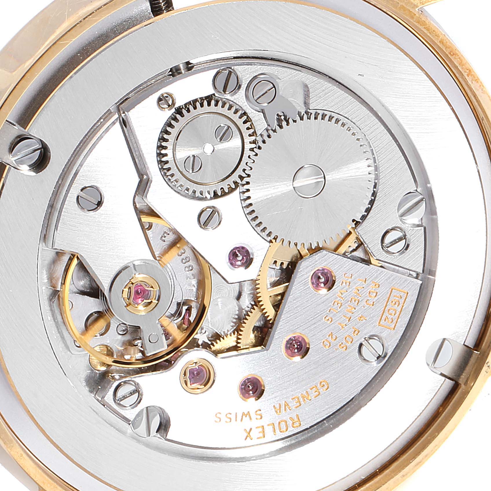 This image shows the intricate internal movement mechanism of a Rolex Cellini 5115 Men's Yellow Gold Champagne Dial 5115 Men's Yellow Gold Champagne Dial watch from a top-down angle.