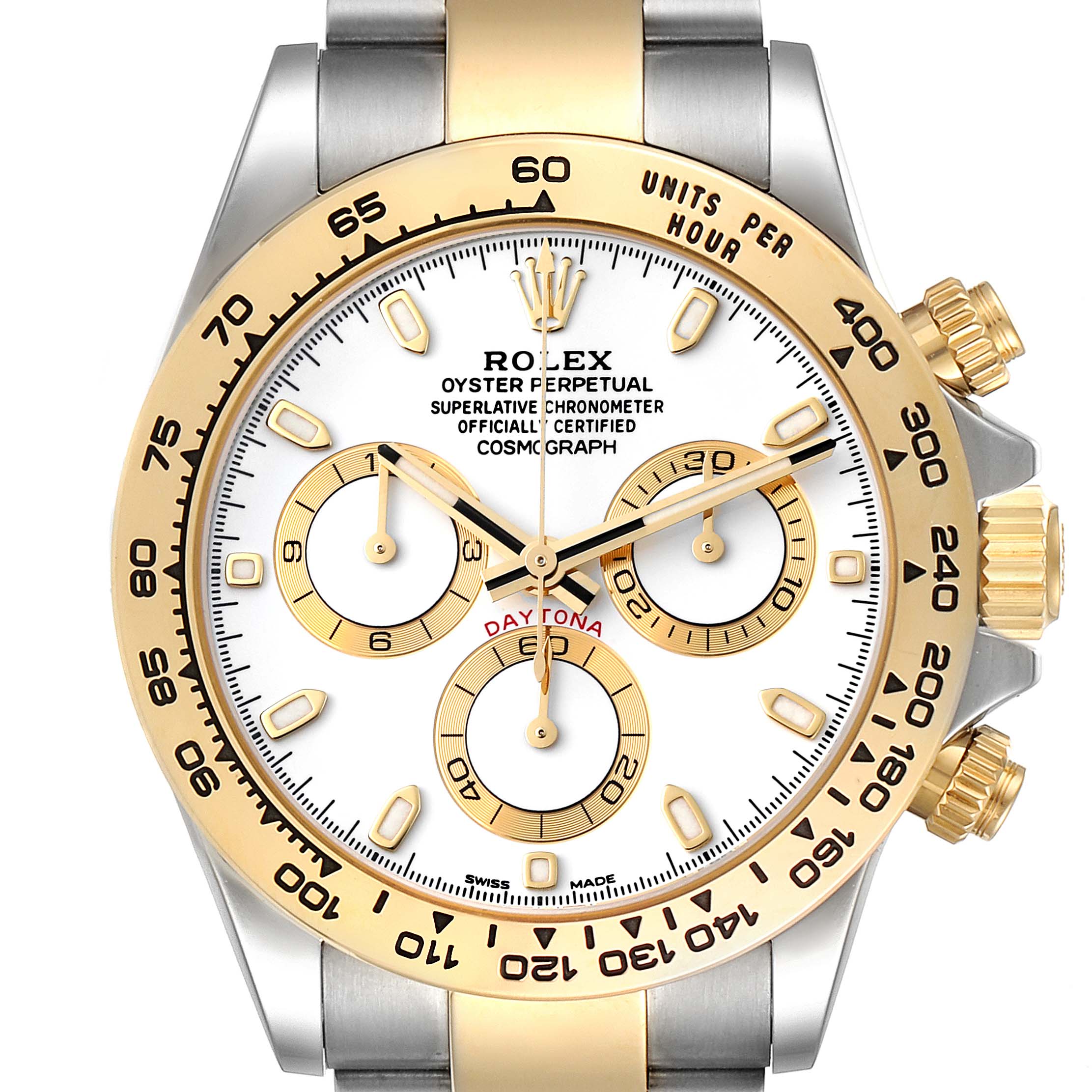 The image shows a frontal view of the Rolex Daytona 116503 Men
s Steel and Gold (two tone) White Dial 116503 Men
s Steel and Gold (two tone) White Dial watch, highlighting the dial, bezel, pushers, and part of the bracelet.