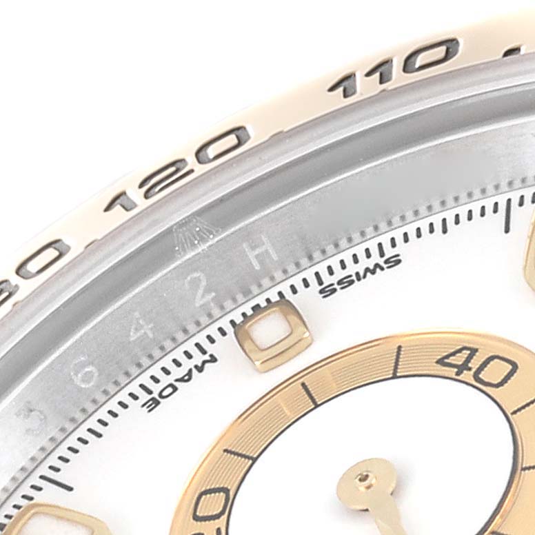 This close-up image shows the dial and bezel of the Rolex Daytona 116503 Men
s Steel and Gold (two tone) White Dial 116503 Men
s Steel and Gold (two tone) White Dial watch model.