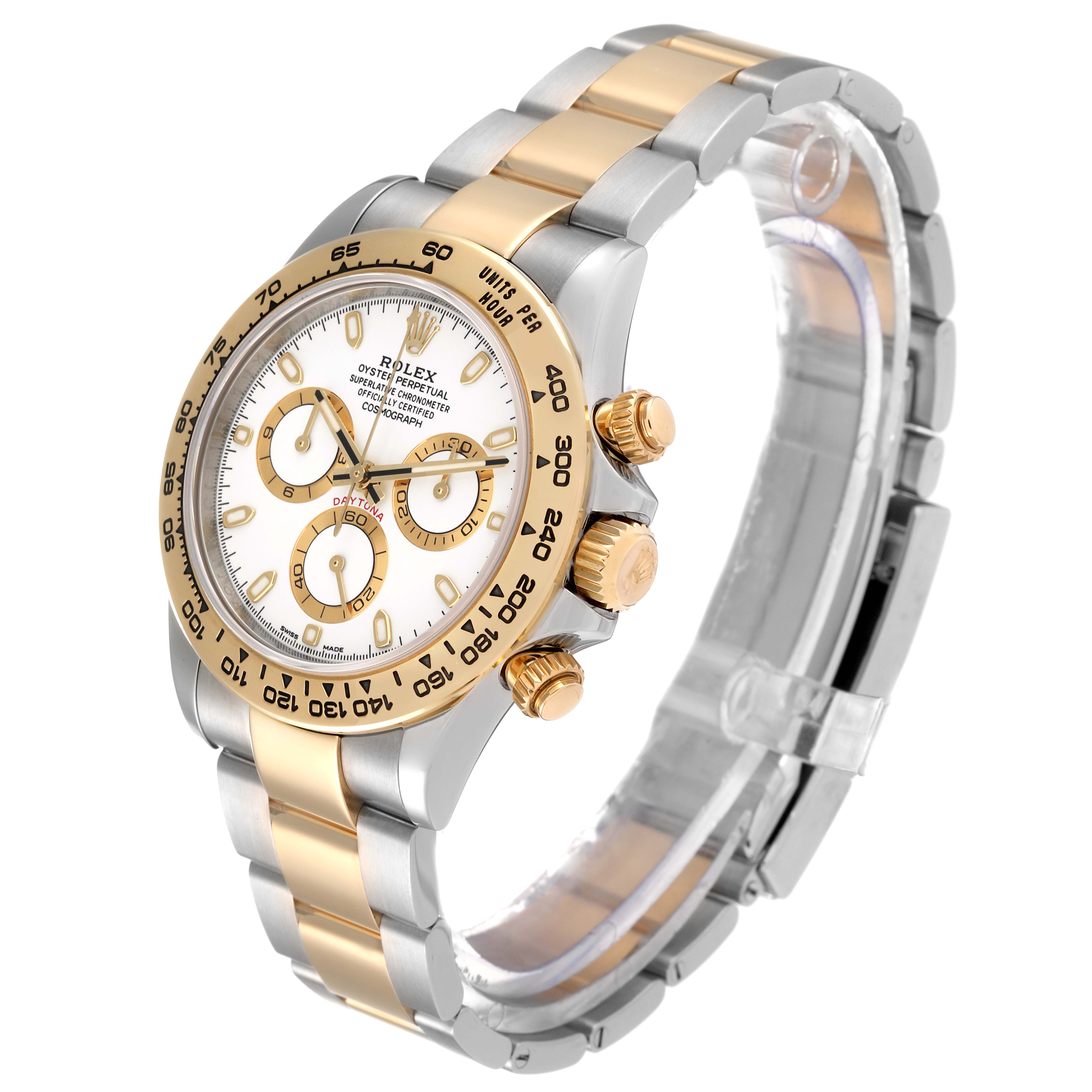 The image shows a three-quarter view of a Rolex Daytona 116503 Men
s Steel and Gold (two tone) White Dial 116503 Men
s Steel and Gold (two tone) White Dial watch, highlighting its face, bezel, crown, pushers, and bracelet.