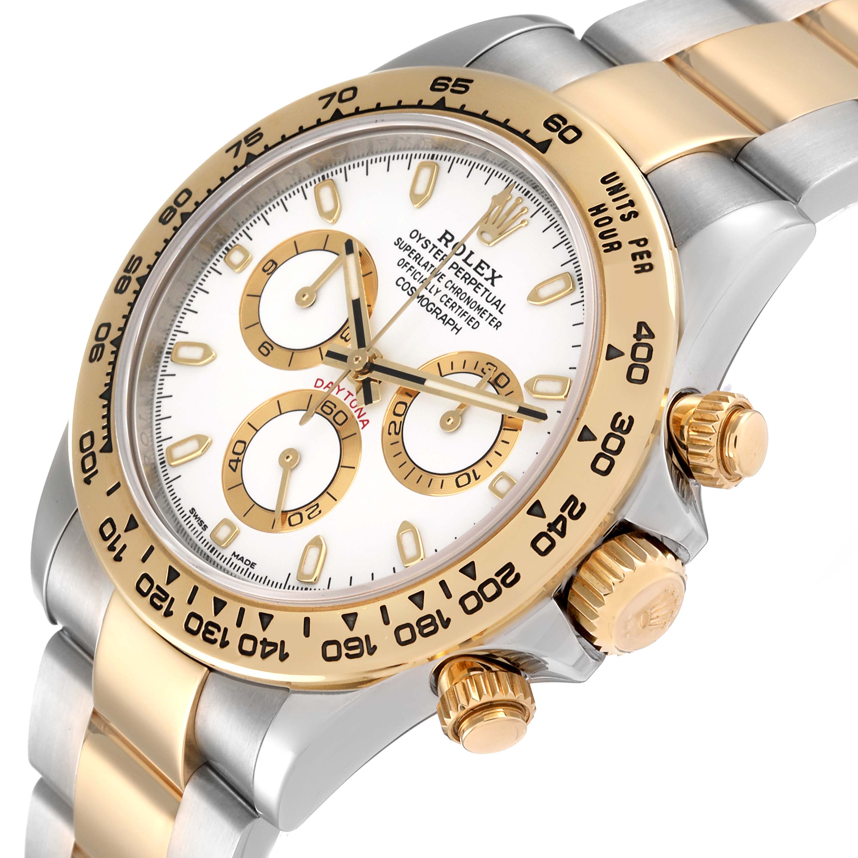 This image shows a close-up angle of the Rolex Daytona 116503 Men
s Steel and Gold (two tone) White Dial 116503 Men
s Steel and Gold (two tone) White Dial watch, highlighting its dial, bezel, and pushers.
