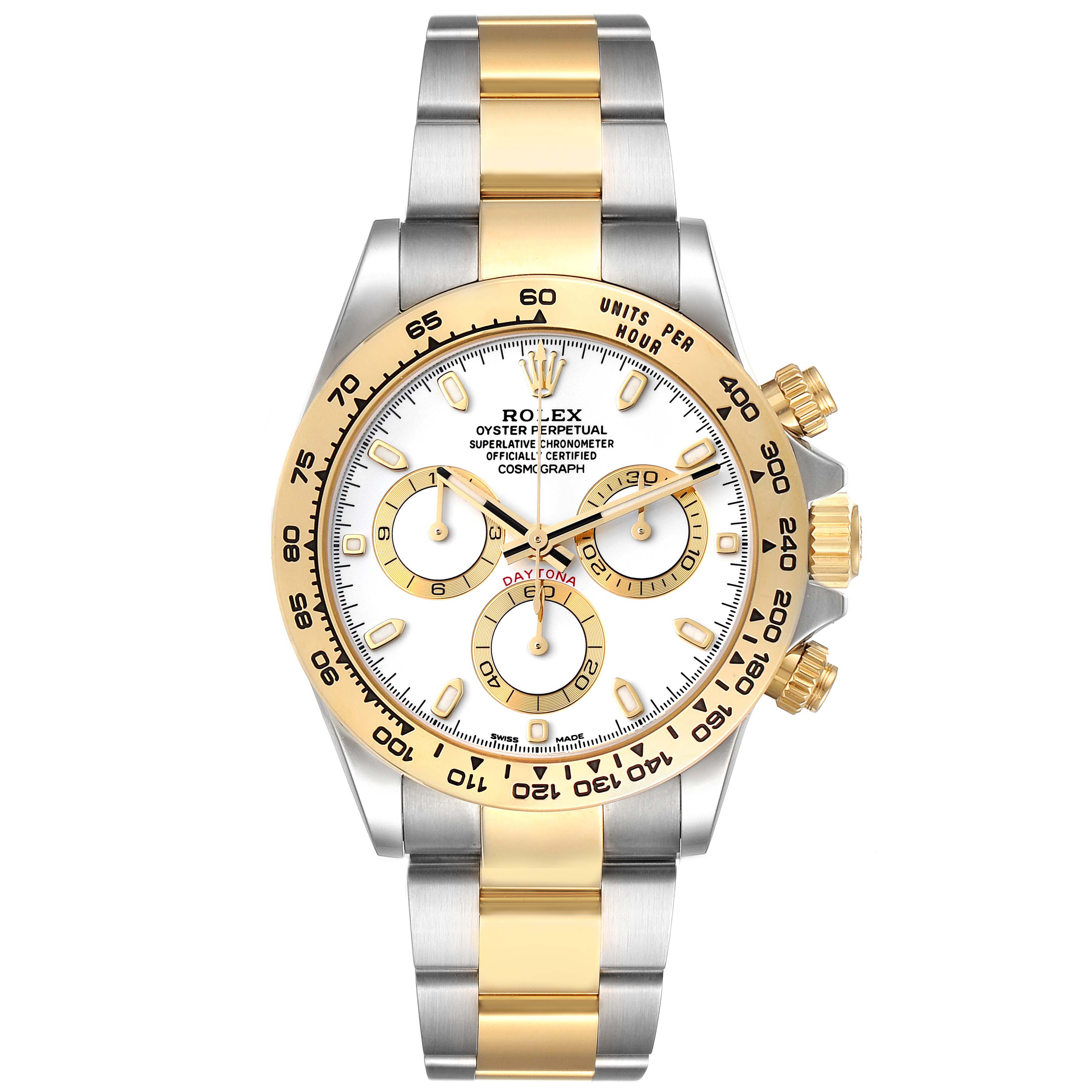 The image shows a front view of a Rolex Daytona 116503 Men
s Steel and Gold (two tone) White Dial 116503 Men
s Steel and Gold (two tone) White Dial watch, highlighting the dial, bezel, subdials, and gold and silver bracelet.