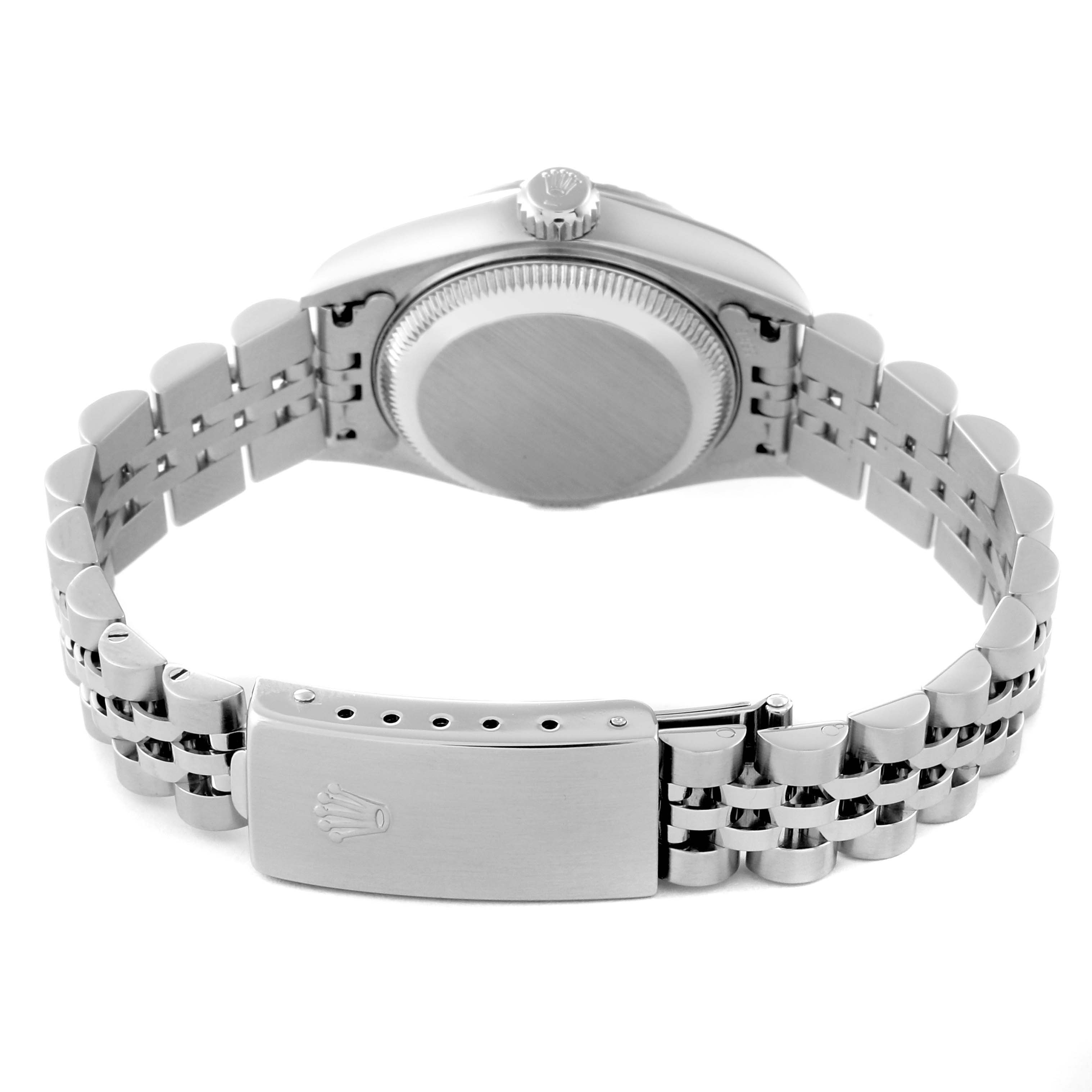 This image shows the back view of a Rolex Date 79240 Women's Stainless Steel Black Dial 79240 Women's Stainless Steel Black Dial model watch, highlighting the case back and bracelet clasp.