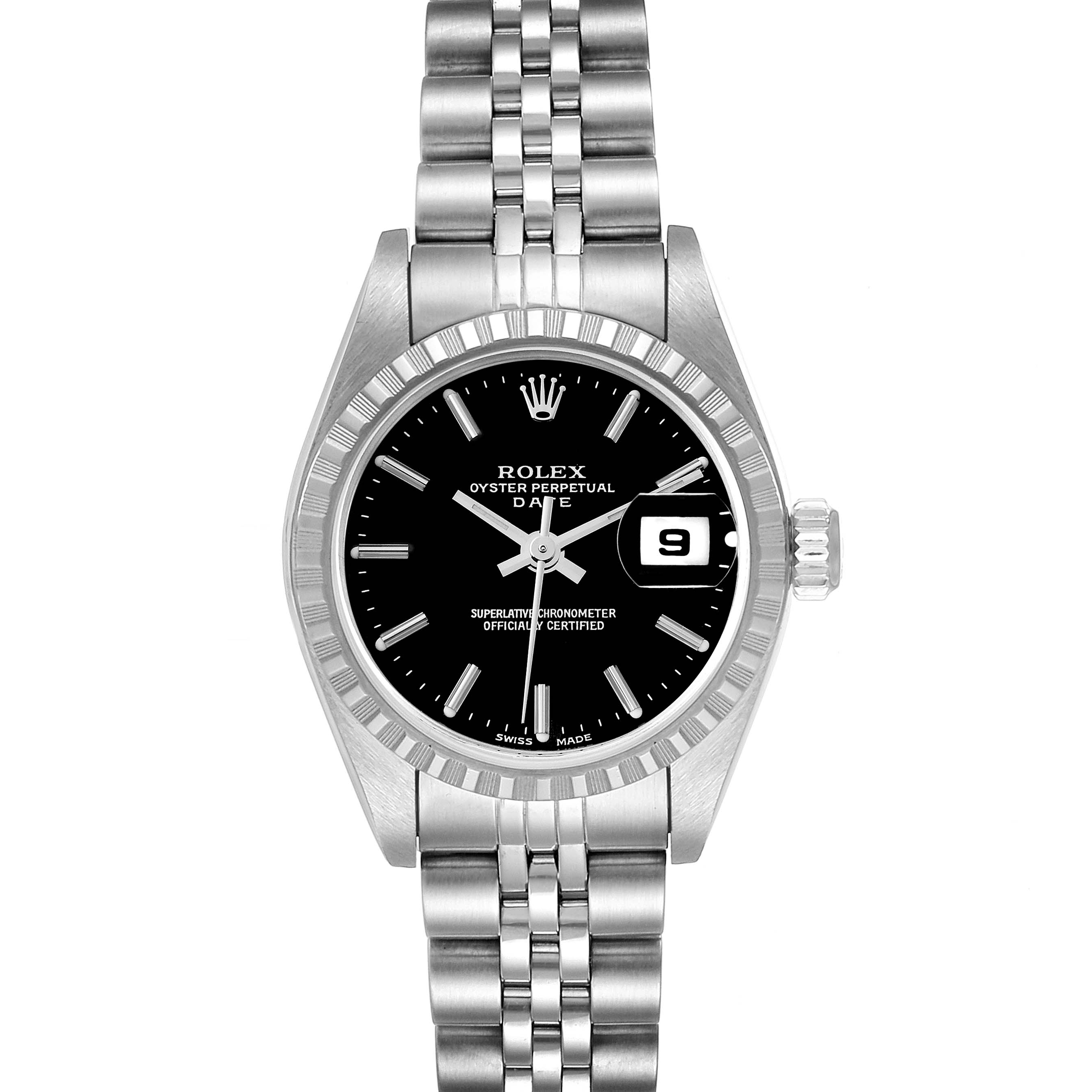 The image shows the front view of a Rolex Date 79240 Women's Stainless Steel Black Dial 79240 Women's Stainless Steel Black Dial model watch, highlighting its black dial, date window, and stainless steel bracelet.