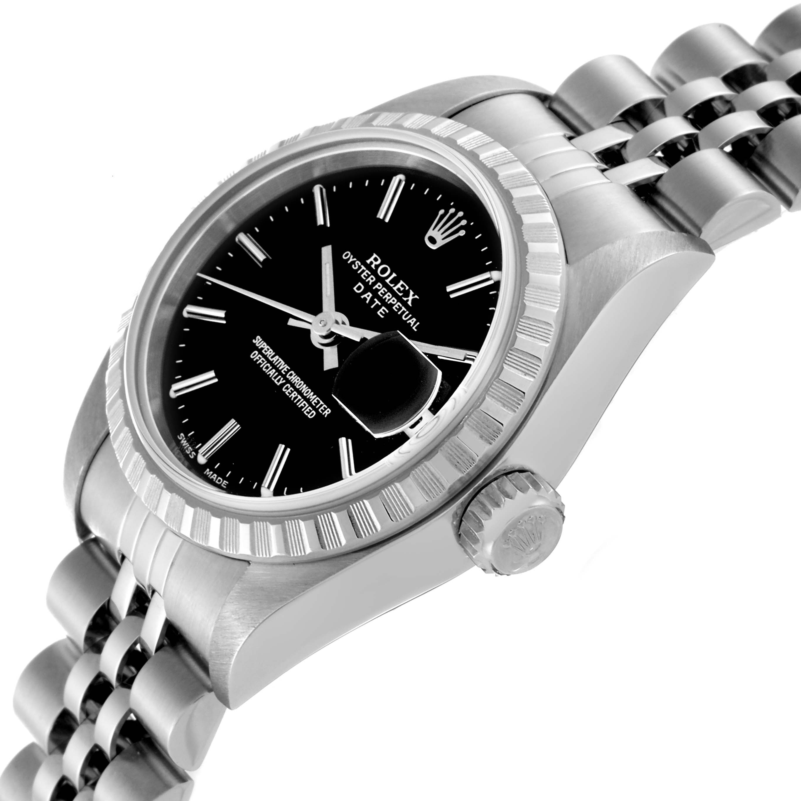 The image shows a side angle of a Rolex Date 79240 Women's Stainless Steel Black Dial 79240 Women's Stainless Steel Black Dial model watch, highlighting the face, bezel, crown, and part of the bracelet.