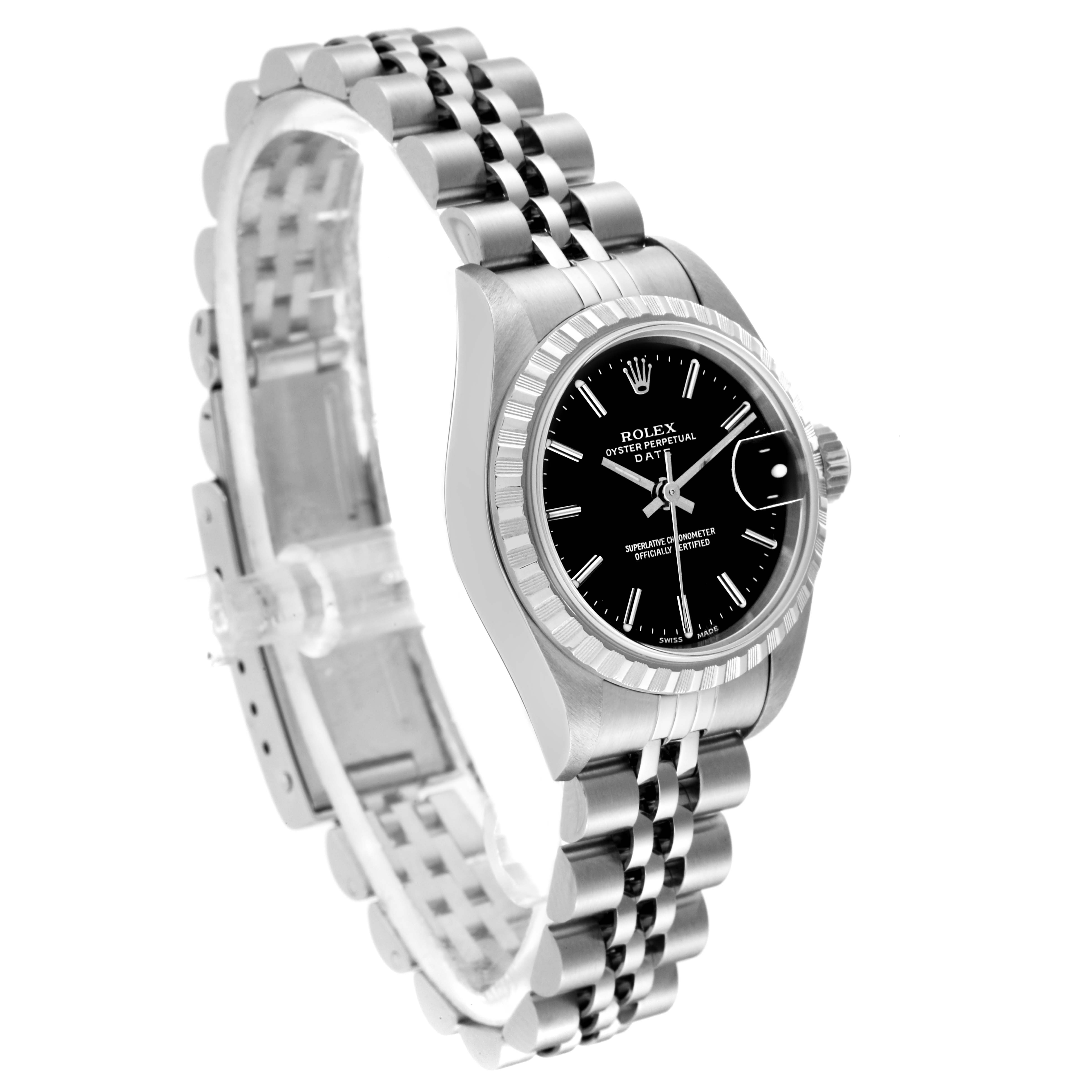 The image shows a side angle of the Rolex Date 79240 Women's Stainless Steel Black Dial 79240 Women's Stainless Steel Black Dial watch, with its stainless steel bracelet, black dial, and fluted bezel clearly visible.