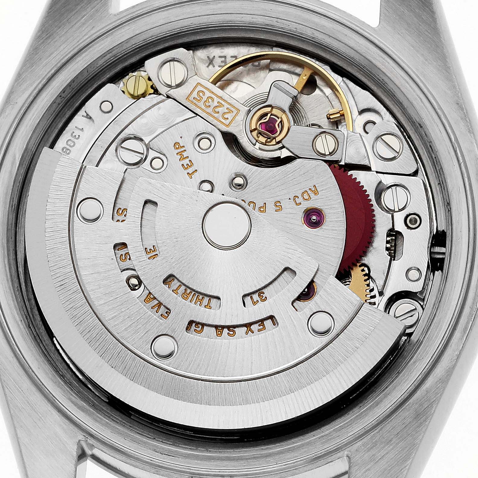 The image shows the movement mechanism of a Rolex Date 79240 Women's Stainless Steel Black Dial 79240 Women's Stainless Steel Black Dial watch from a top-down angle, highlighting its intricate components.