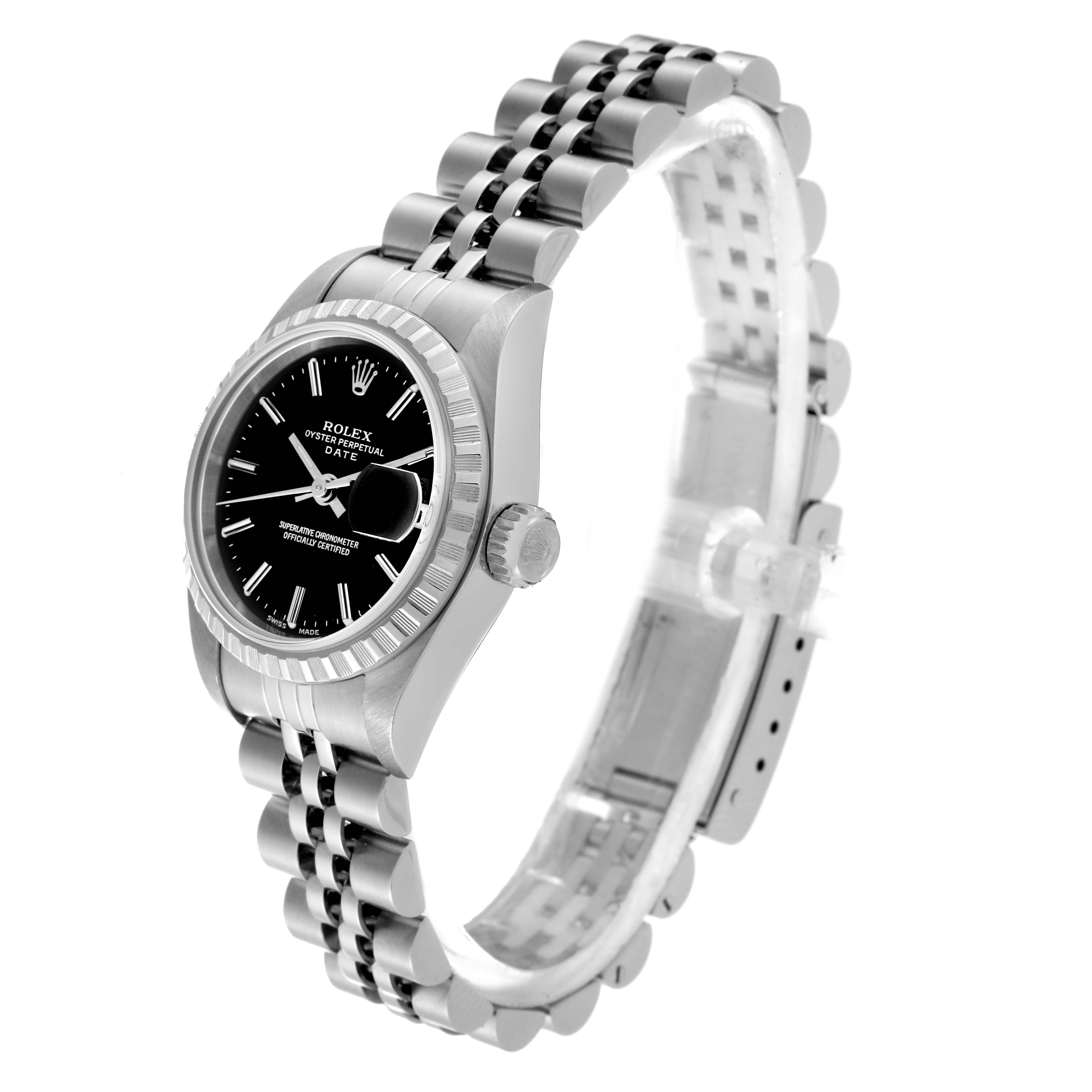 This is a side/front view of the Rolex Date 79240 Women's Stainless Steel Black Dial 79240 Women's Stainless Steel Black Dial model watch displaying its face, case, and bracelet.