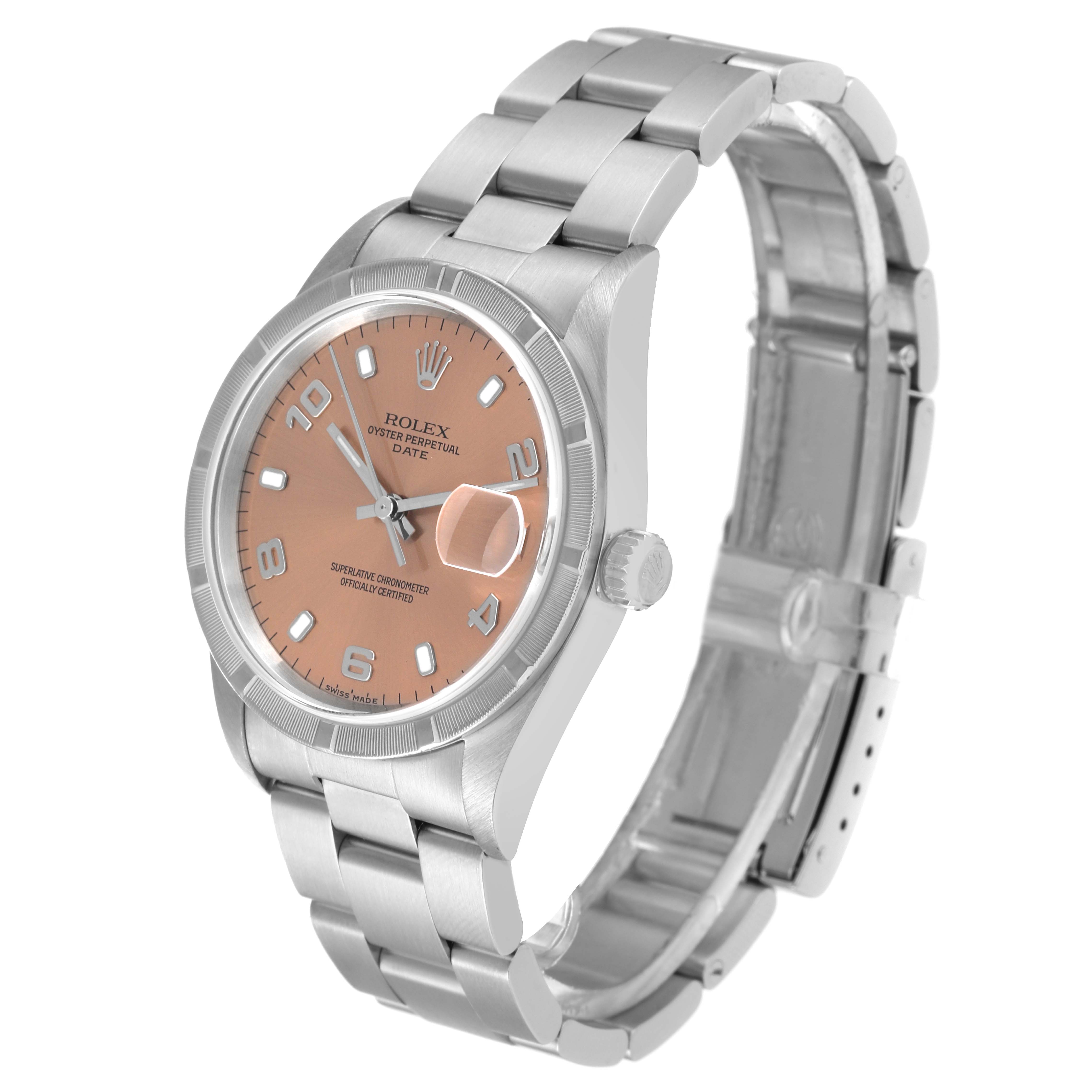 The Rolex Date 15210 Men
s Stainless Steel Pink Dial 15210 Men
s Stainless Steel Pink Dial watch is shown at a slight left angle, displaying the face, crown, and bracelet.