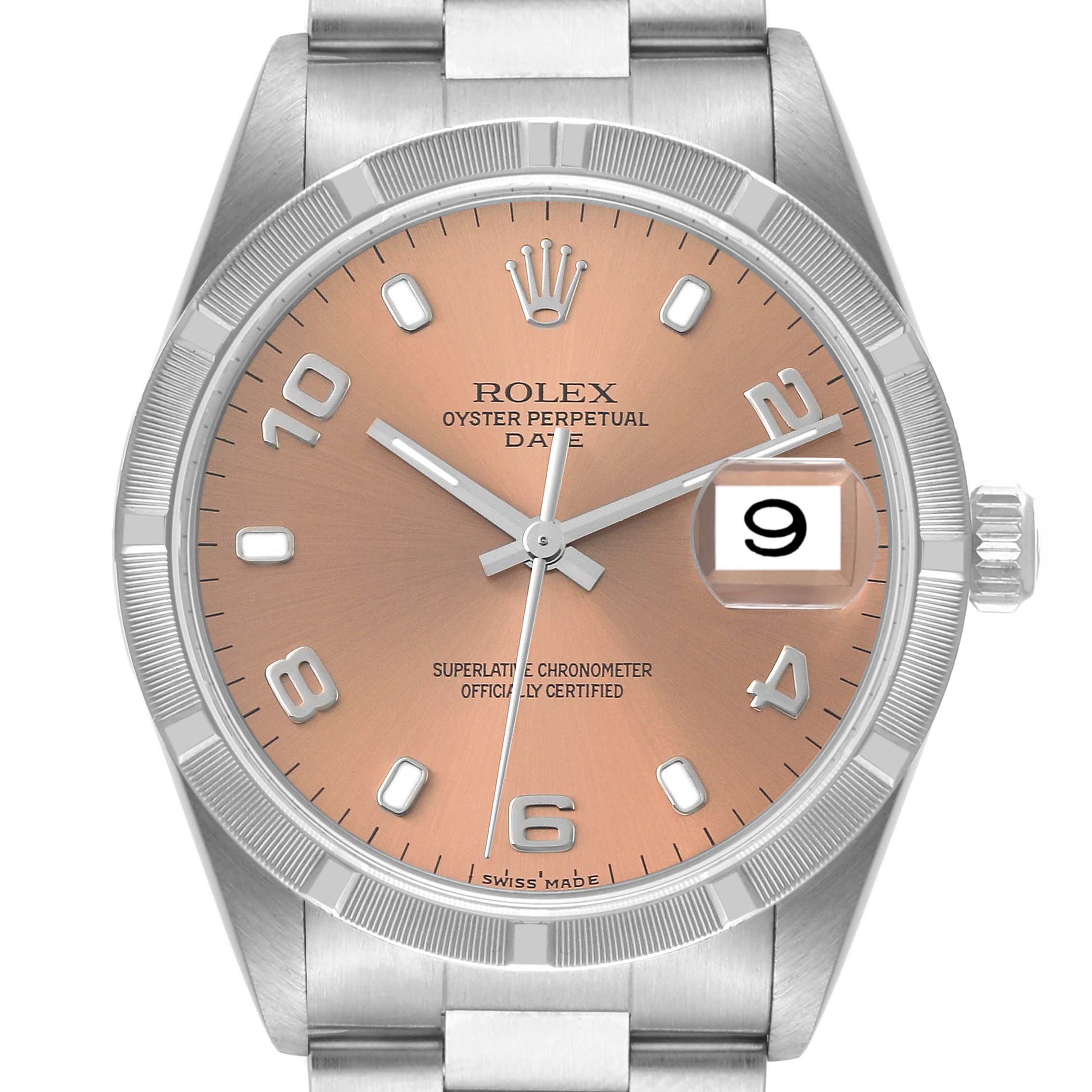 The image shows a Rolex Date 15210 Men
s Stainless Steel Pink Dial 15210 Men
s Stainless Steel Pink Dial model watch from a front angle, highlighting the dial, case, and crown.