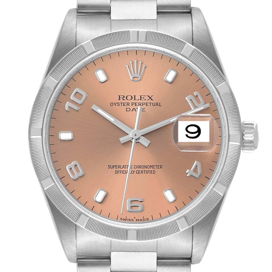 Rolex Date Salmon Dial Engine Turned Bezel Steel Mens Watch 15210 SwissWatchExpo