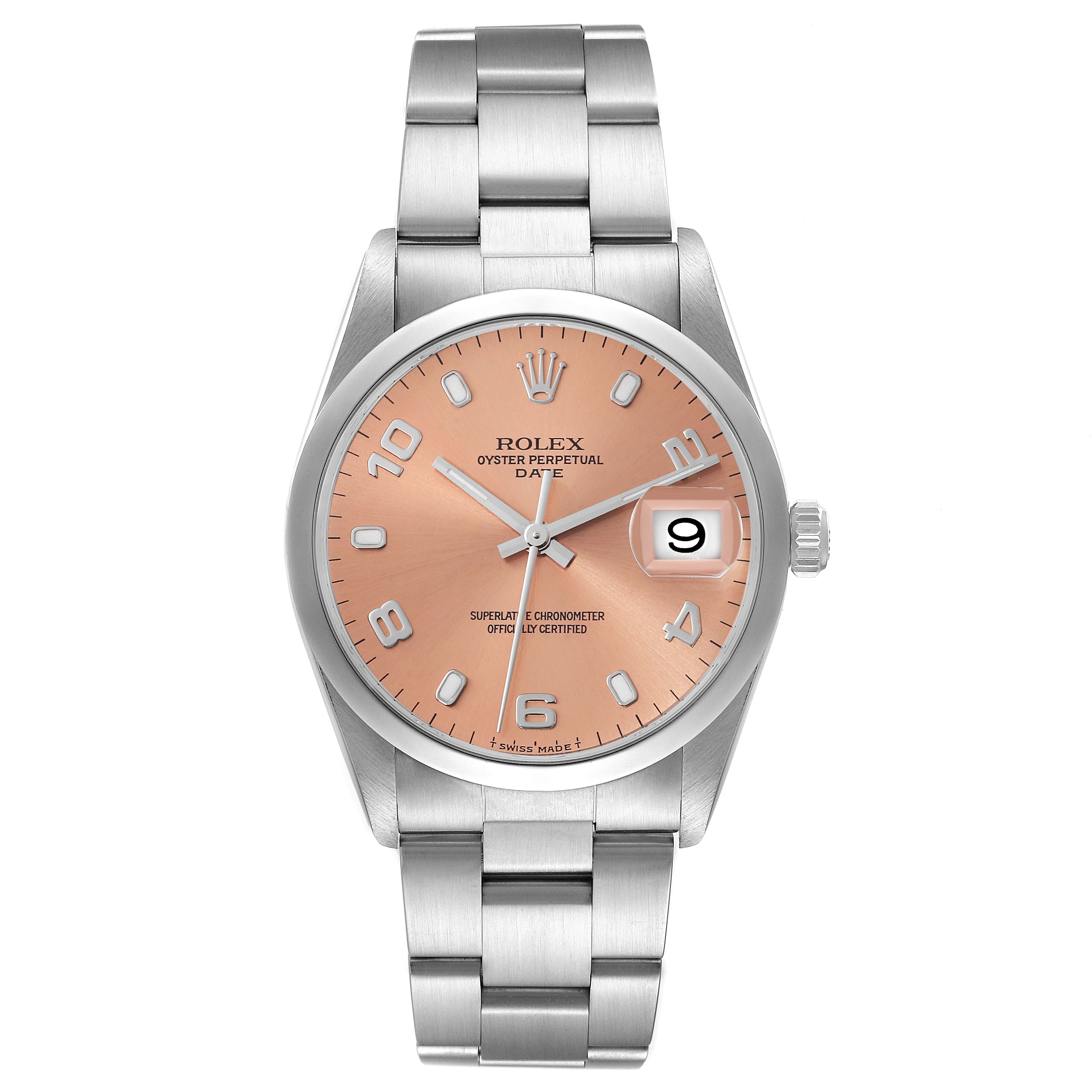 This image shows a frontal view of a Rolex Date 15200 Men's Stainless Steel Pink Dial 15200 Men's Stainless Steel Pink Dial model watch, highlighting its dial, bracelet, and cyclops date window.