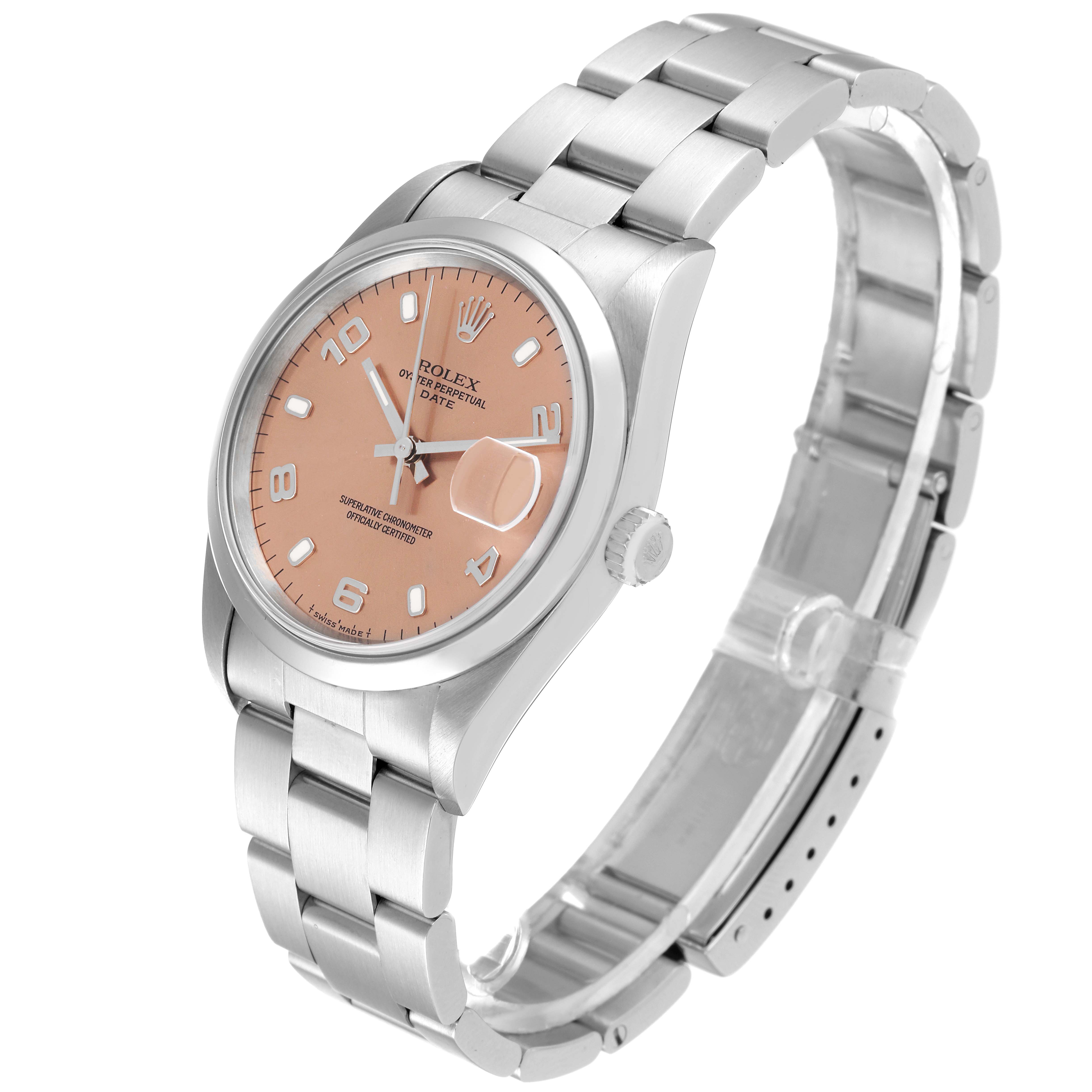 This image shows a Rolex Date 15200 Men's Stainless Steel Pink Dial 15200 Men's Stainless Steel Pink Dial model watch at an angle displaying the dial, bezel, crown, and bracelet.