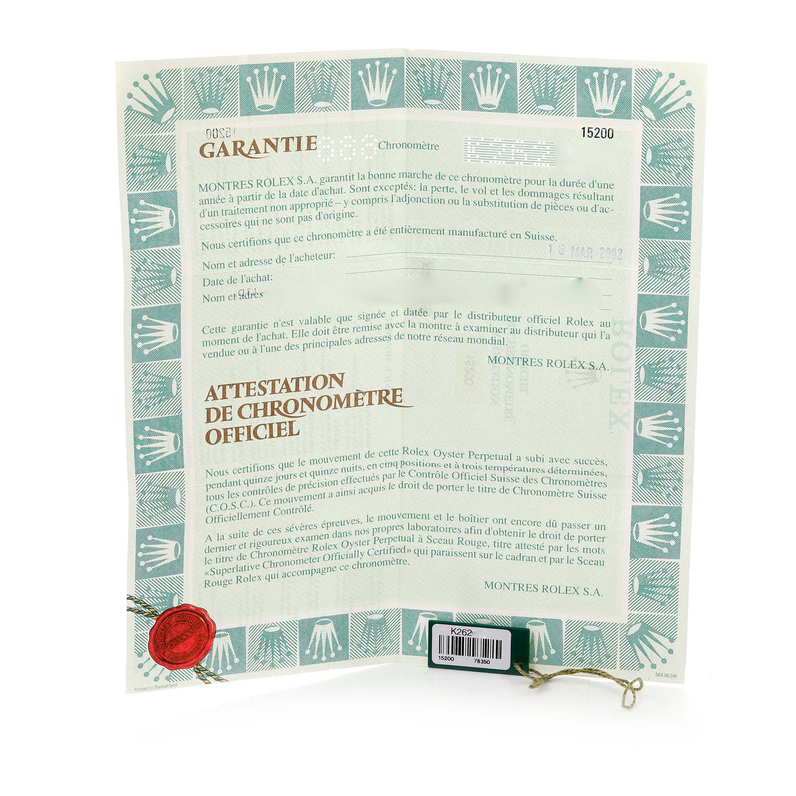 The image shows the warranty and official chronometer certificate for a Rolex Date 15200 Men's Stainless Steel Pink Dial 15200 Men's Stainless Steel Pink Dial model watch.