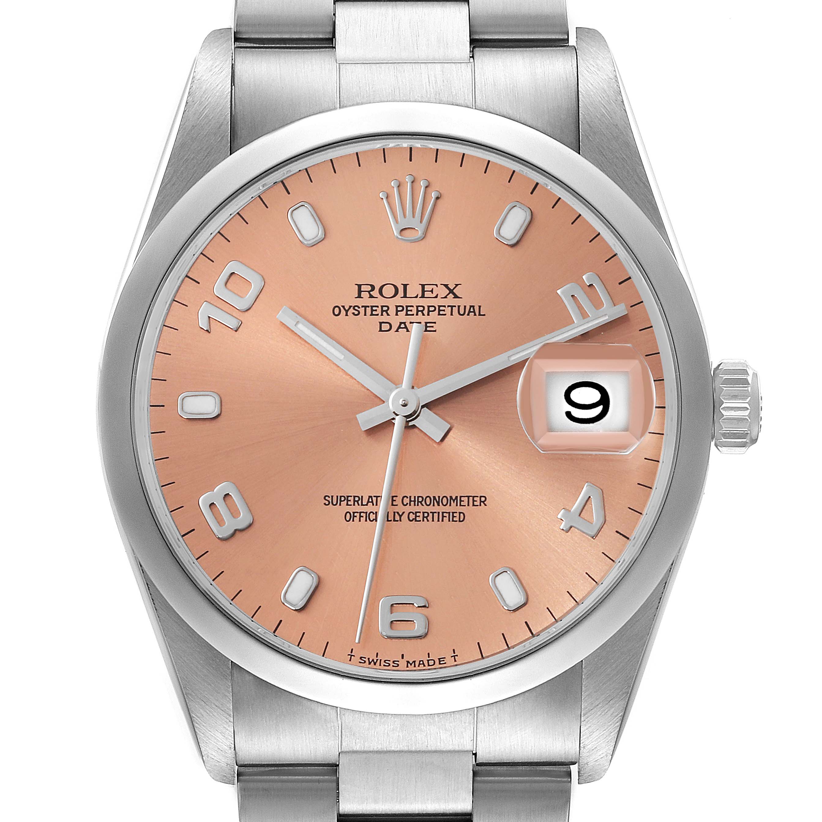 This image displays a close-up of the Rolex Oyster Perpetual Date watch face and bracelet, highlighting the date window and crown.