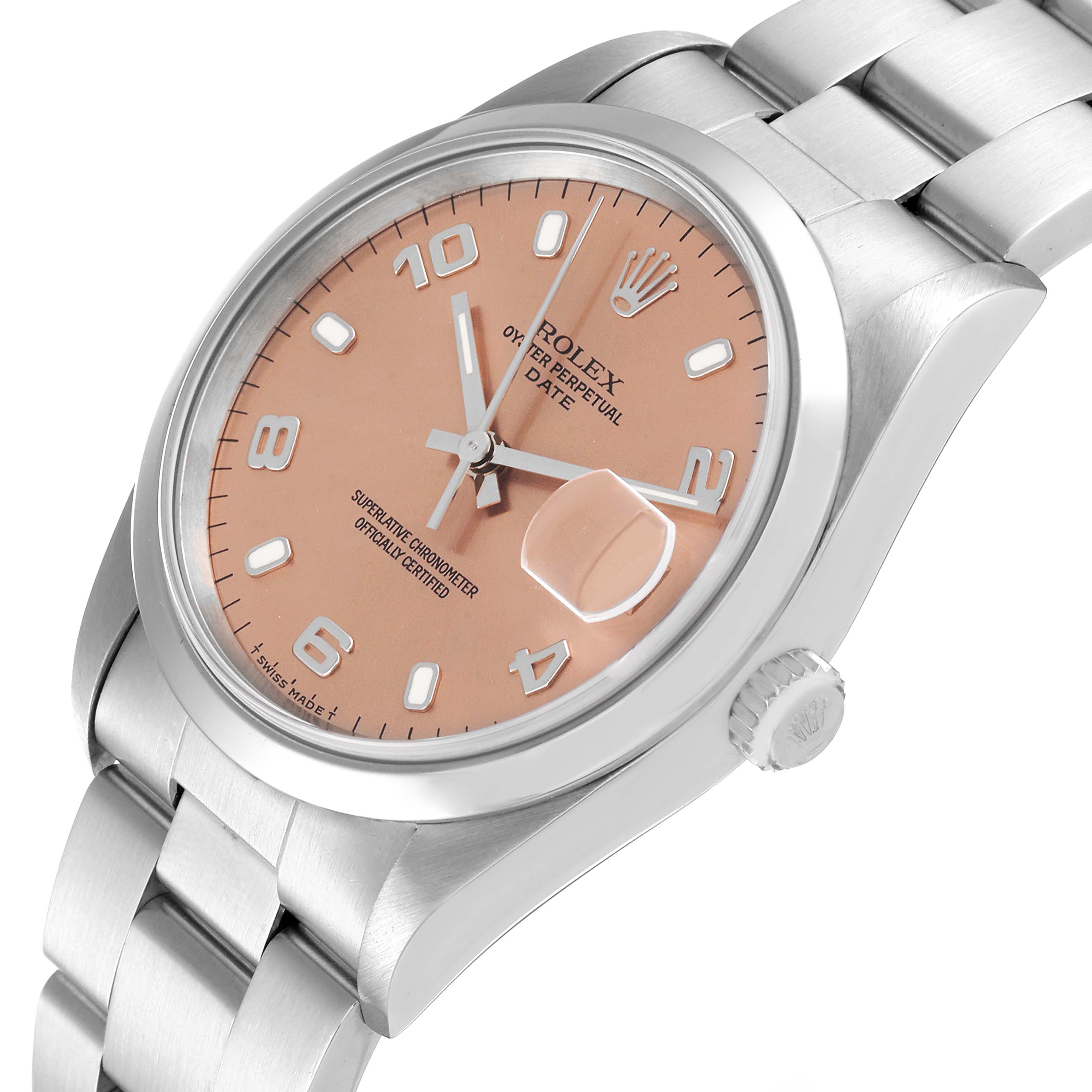The image shows a Rolex Date 15200 Men's Stainless Steel Pink Dial 15200 Men's Stainless Steel Pink Dial watch at a slight right-side angle, highlighting its bracelet, dial, and crown.