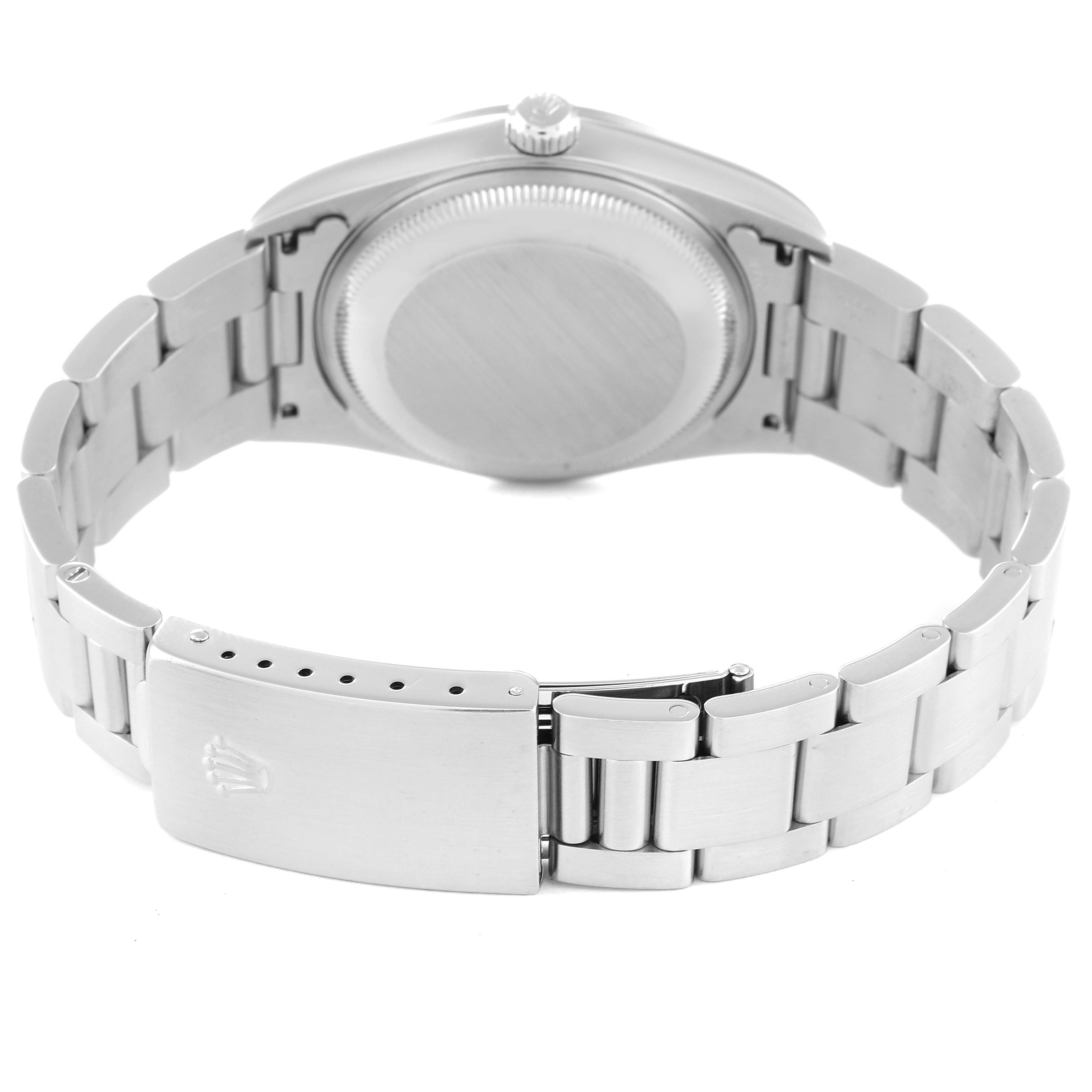 This is the back view of a Rolex Date 15200 Men's Stainless Steel Pink Dial 15200 Men's Stainless Steel Pink Dial model watch, showing the bracelet, clasp, case back, and crown.