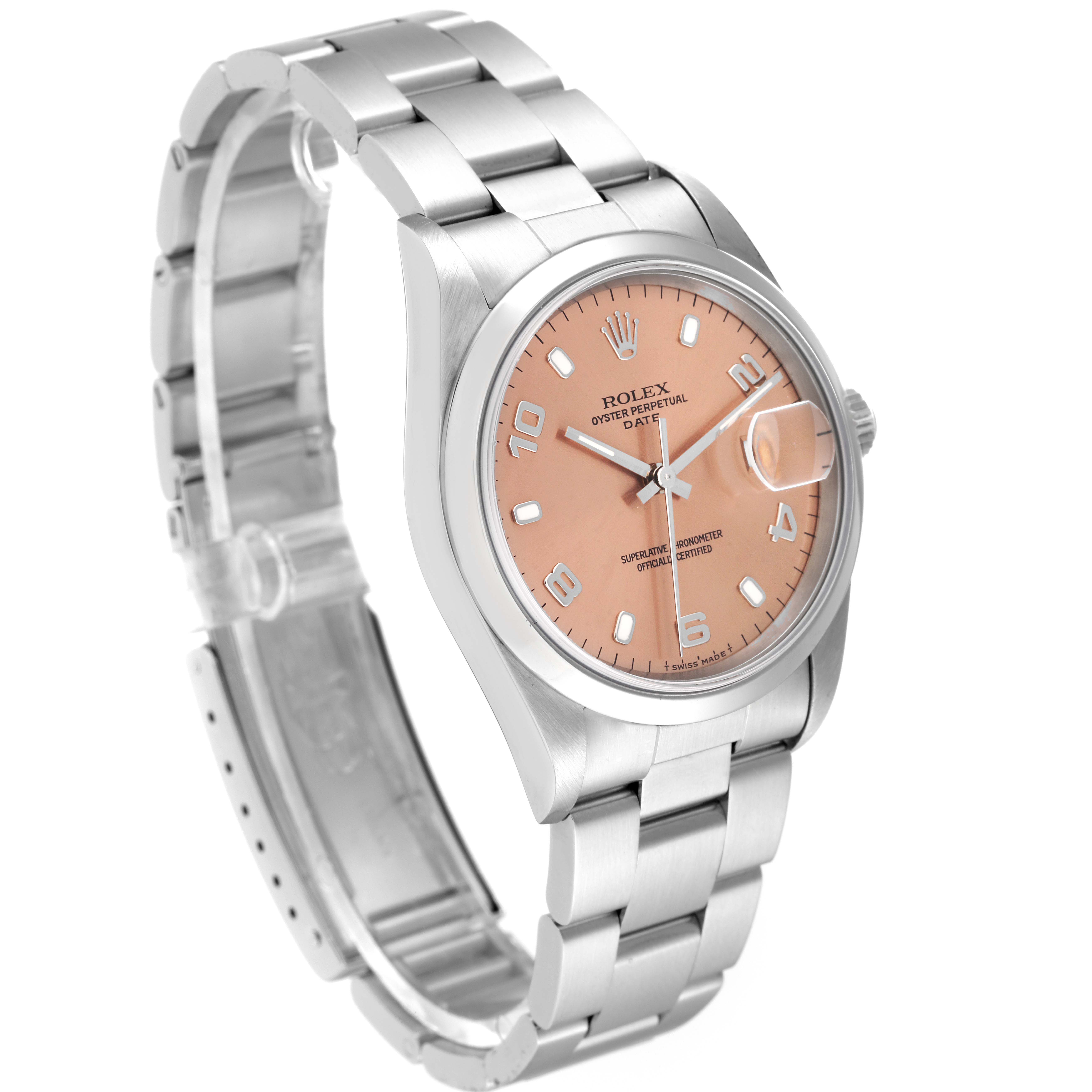 The image shows a Rolex Date 15200 Men's Stainless Steel Pink Dial 15200 Men's Stainless Steel Pink Dial model watch from an angled side view, displaying its face, bezel, crown, and bracelet.