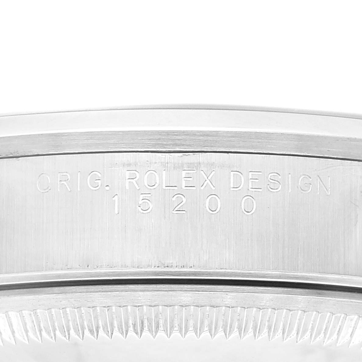 This image shows the side profile of a Rolex Date 15200 Men's Stainless Steel Pink Dial 15200 Men's Stainless Steel Pink Dial model 15200, highlighting the case with engraved text.