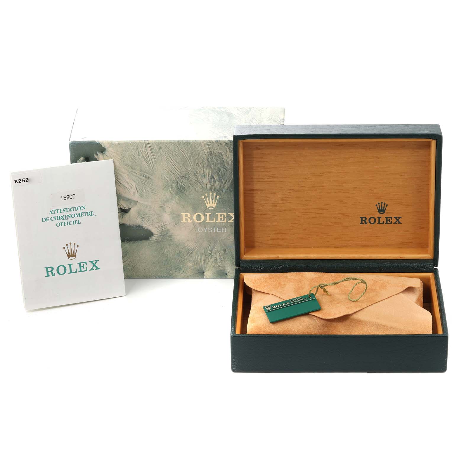 The image shows a Rolex Date 15200 Men's Stainless Steel Pink Dial 15200 Men's Stainless Steel Pink Dial model watch box and accessories, including a certificate and packaging.