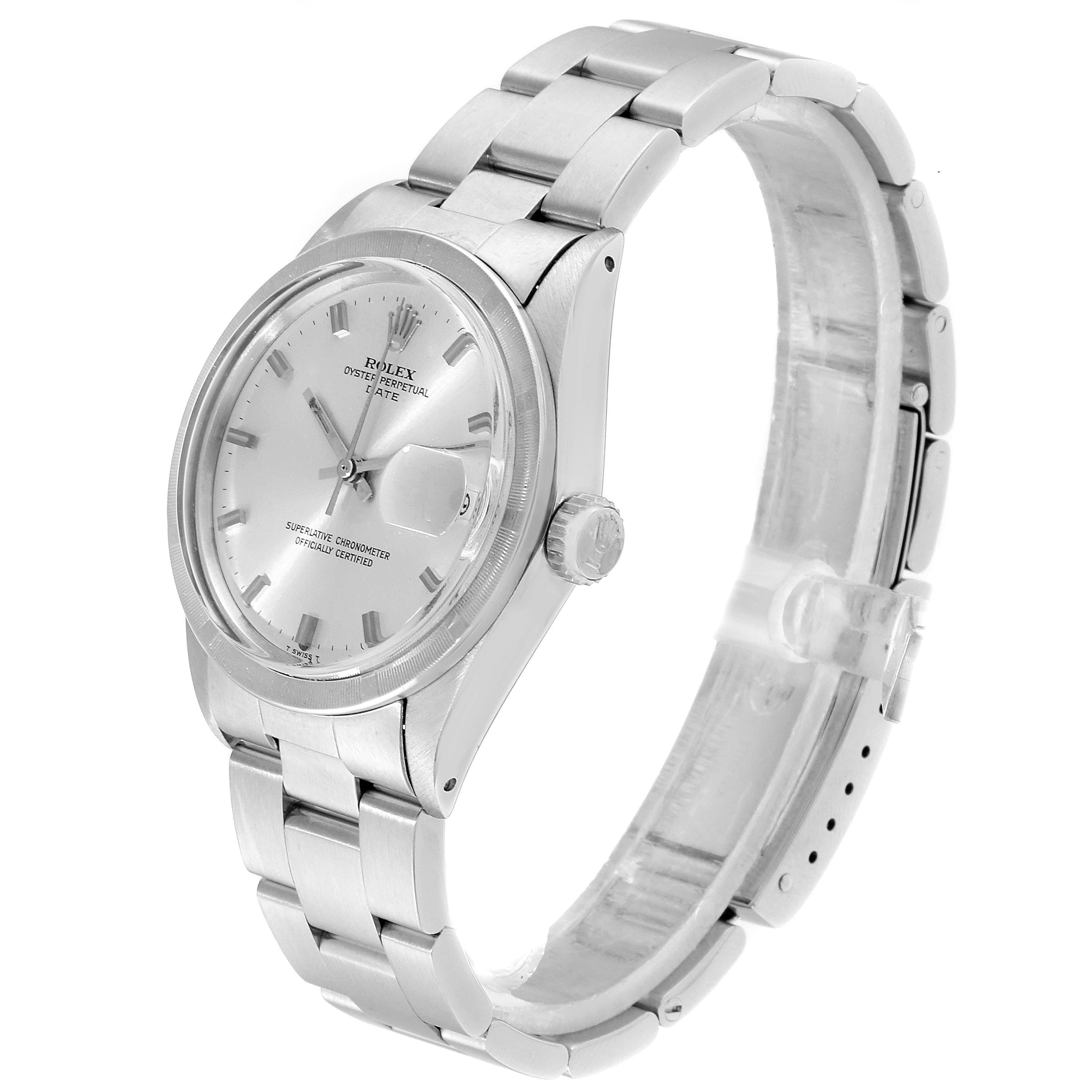 The image shows a side and angled view of the Rolex Vintage Collection 1501 Men
s Stainless Steel Silver Dial 1501 Men
s Stainless Steel Silver Dial watch, highlighting the bracelet, dial, and crown.