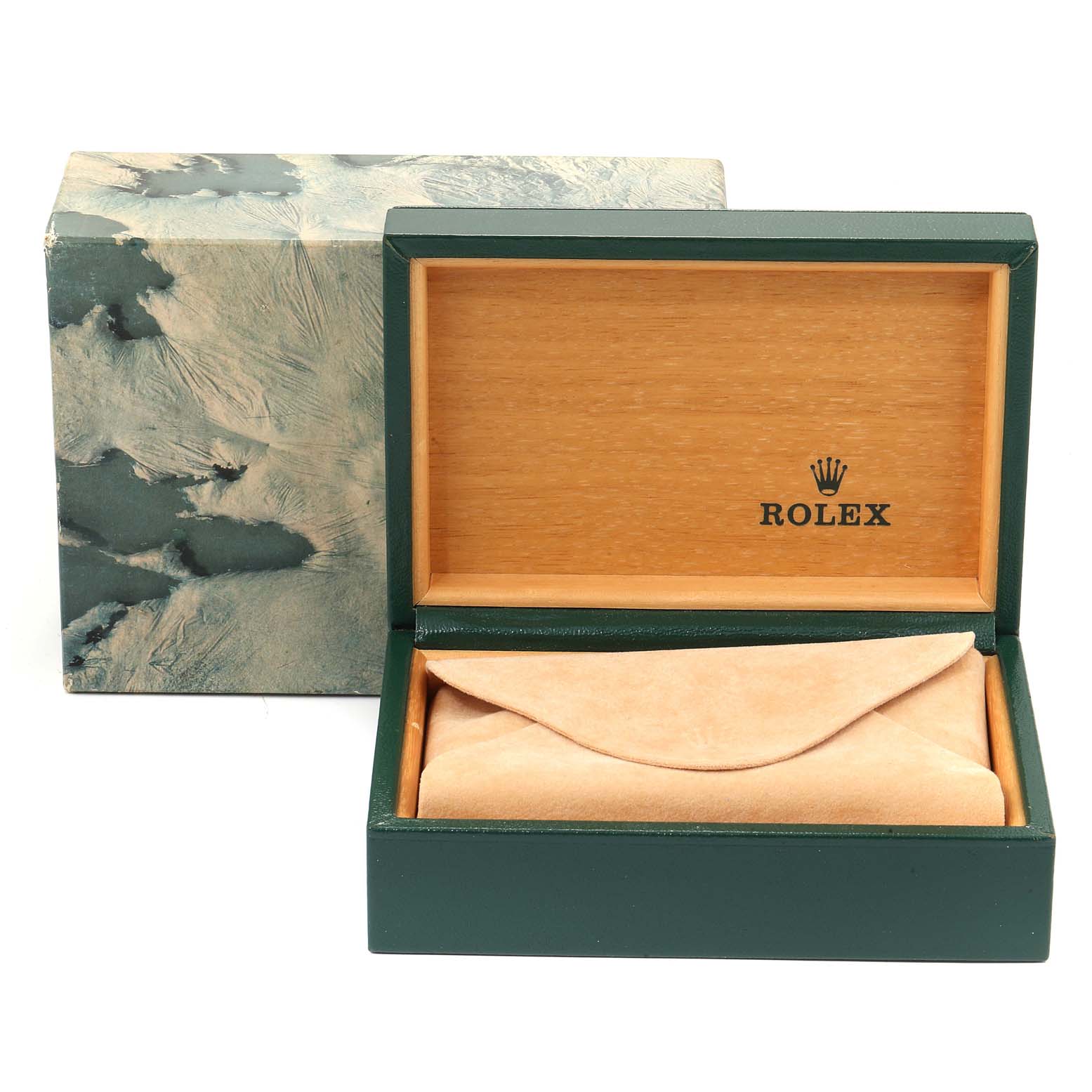 This image shows an open Rolex Vintage Collection 1501 Men
s Stainless Steel Silver Dial 1501 Men
s Stainless Steel Silver Dial watch box, including an outer marbled box and a beige suede pouch inside the wooden interior.