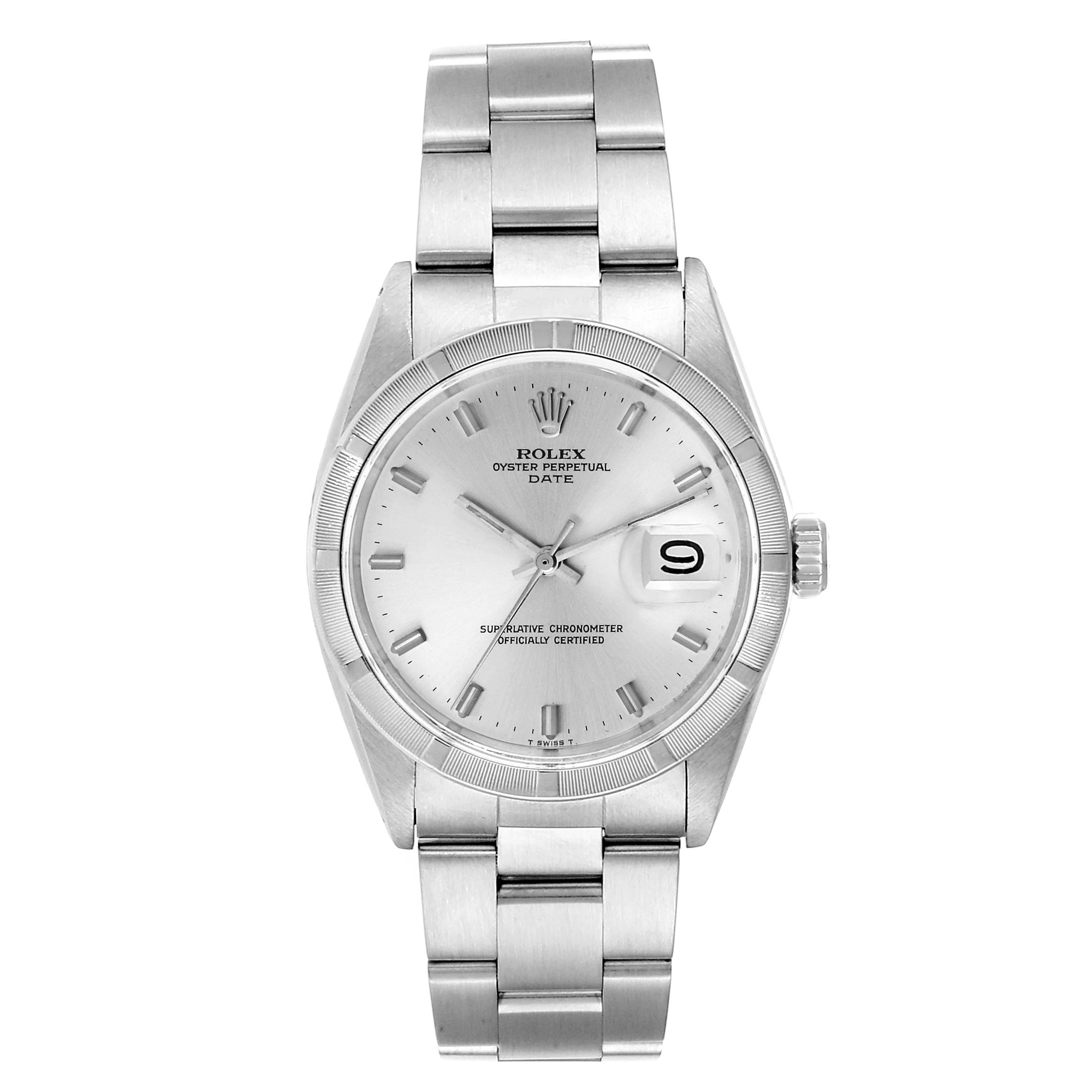 The image shows a front view of a Rolex Vintage Collection 1501 Men
s Stainless Steel Silver Dial 1501 Men
s Stainless Steel Silver Dial watch, displaying its face, dial, and bracelet.