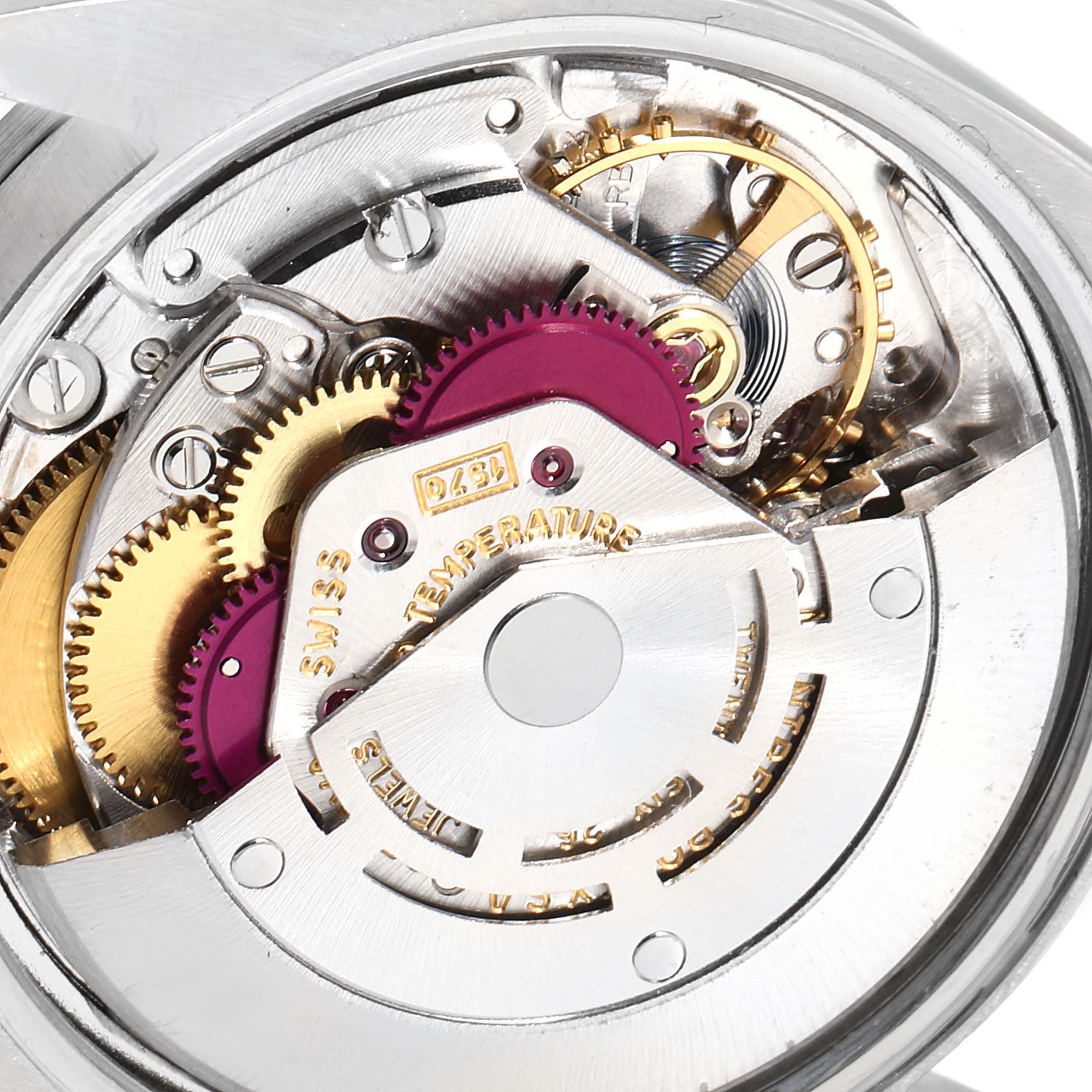 This close-up shows the intricate internal gears and mechanical components of a Vintage Collection model by Rolex.