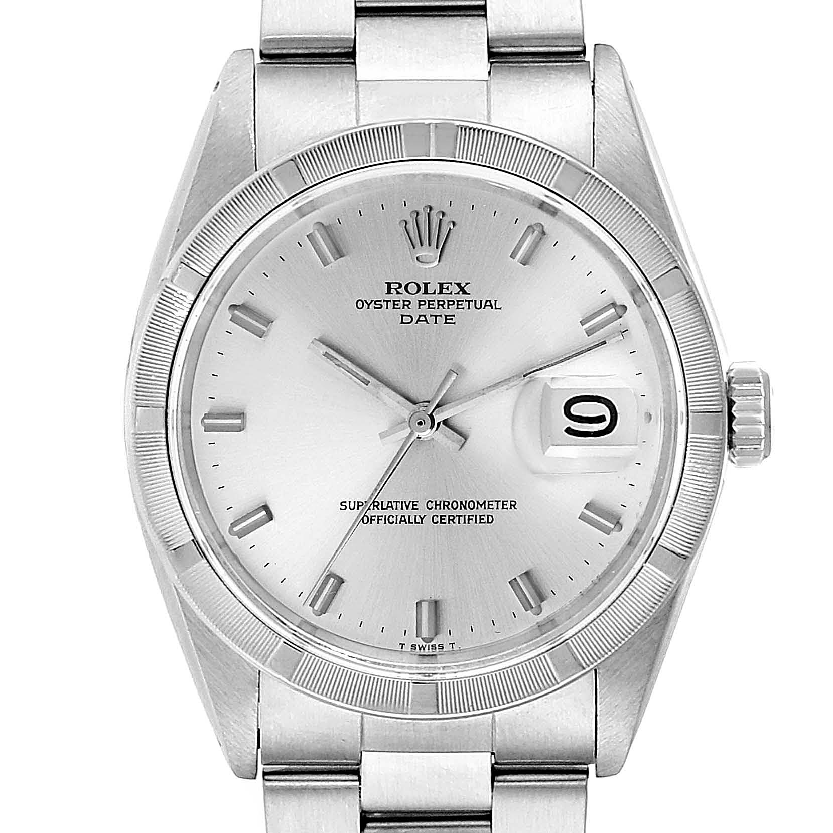 The image shows a frontal view of the Rolex Vintage Collection 1501 Men
s Stainless Steel Silver Dial 1501 Men
s Stainless Steel Silver Dial Oyster Perpetual Date watch.