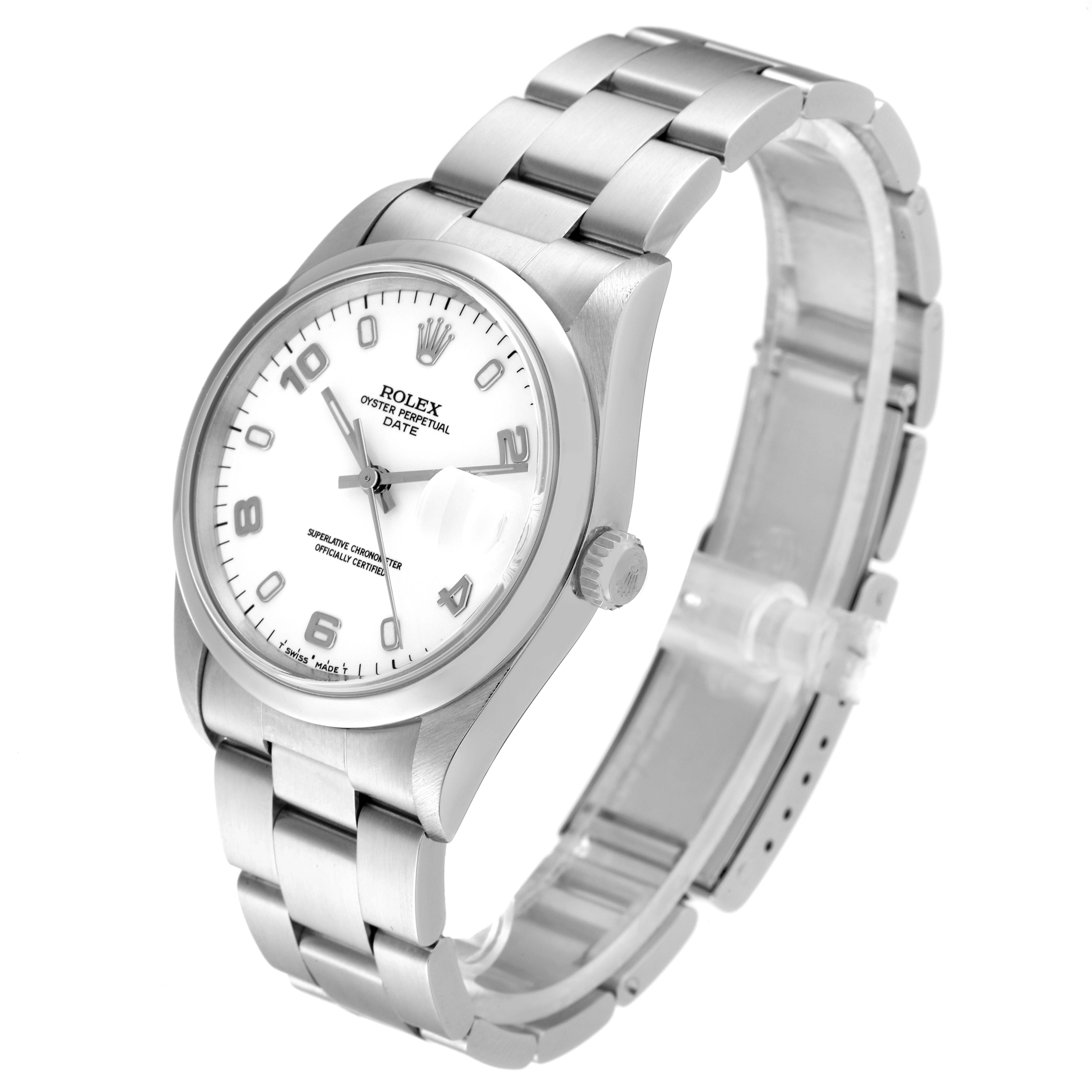 The image displays a Rolex Date 15200 Men's Stainless Steel White Dial 15200 Men's Stainless Steel White Dial model watch at a three-quarter angle, showcasing the face, bracelet, and crown.
