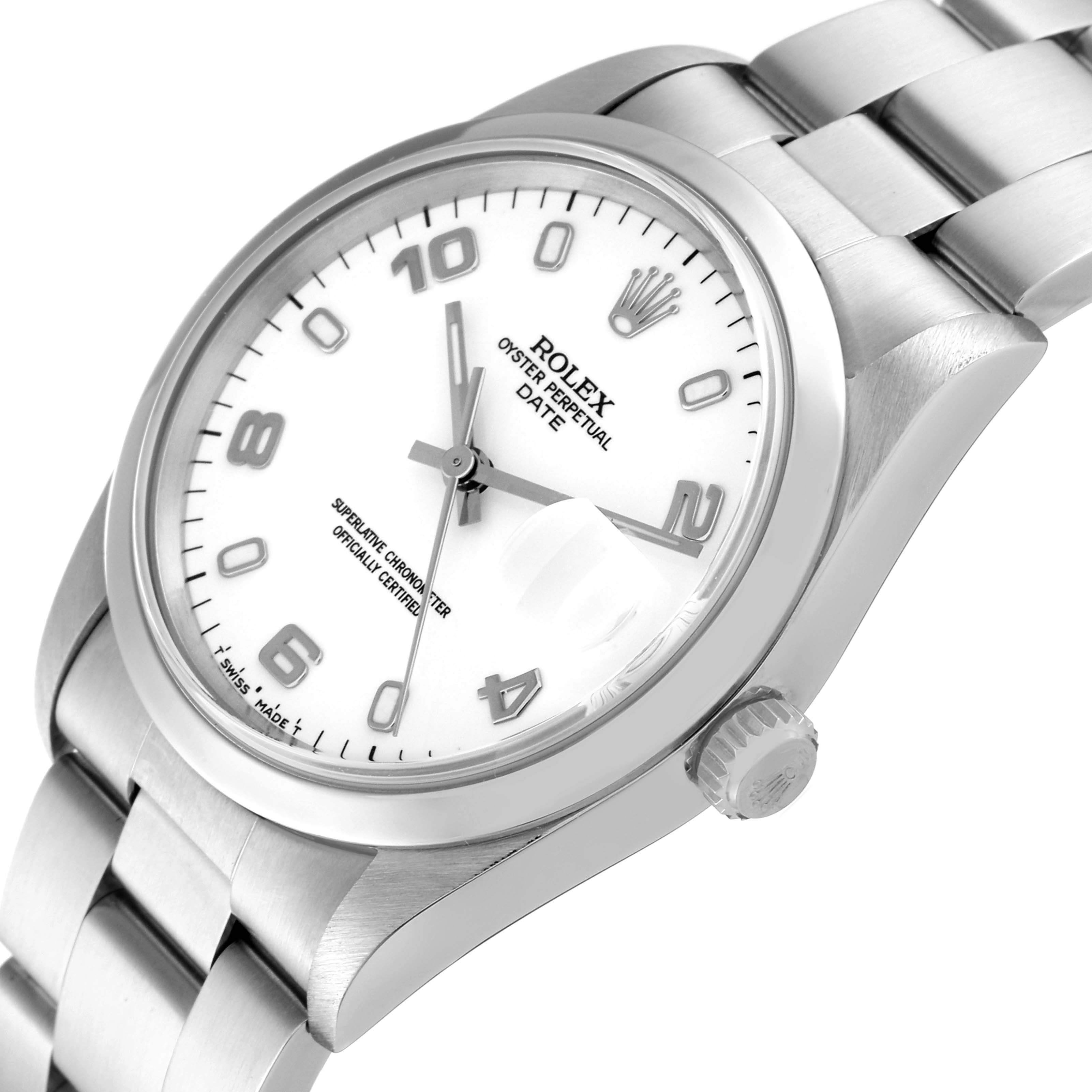The image shows a close-up angled view of the dial, bezel, and bracelet of the Rolex Date 15200 Men's Stainless Steel White Dial 15200 Men's Stainless Steel White Dial model.