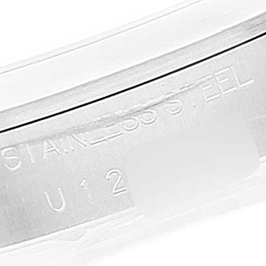 This image shows a close-up of the band of a Rolex Date 15200 Men's Stainless Steel White Dial 15200 Men's Stainless Steel White Dial model watch, highlighting its stainless steel material and part of a serial number.