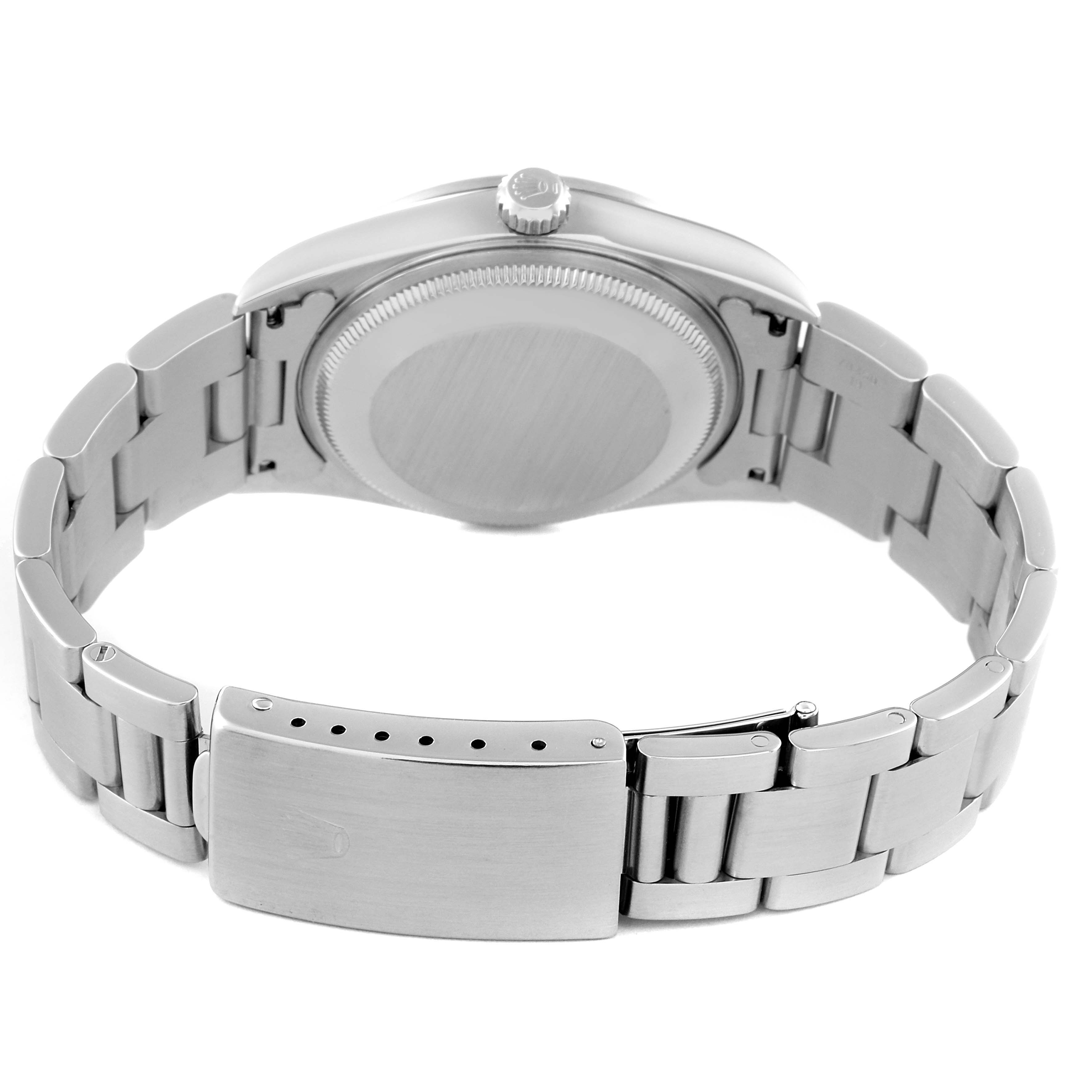 The image shows the back view of a Rolex Date 15200 Men's Stainless Steel White Dial 15200 Men's Stainless Steel White Dial model watch, displaying the case back and the full bracelet with clasp.