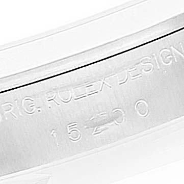 This image shows an angled close-up of the inner band on a Rolex Date 15200 Men's Stainless Steel White Dial 15200 Men's Stainless Steel White Dial model watch, highlighting the engraved design number.
