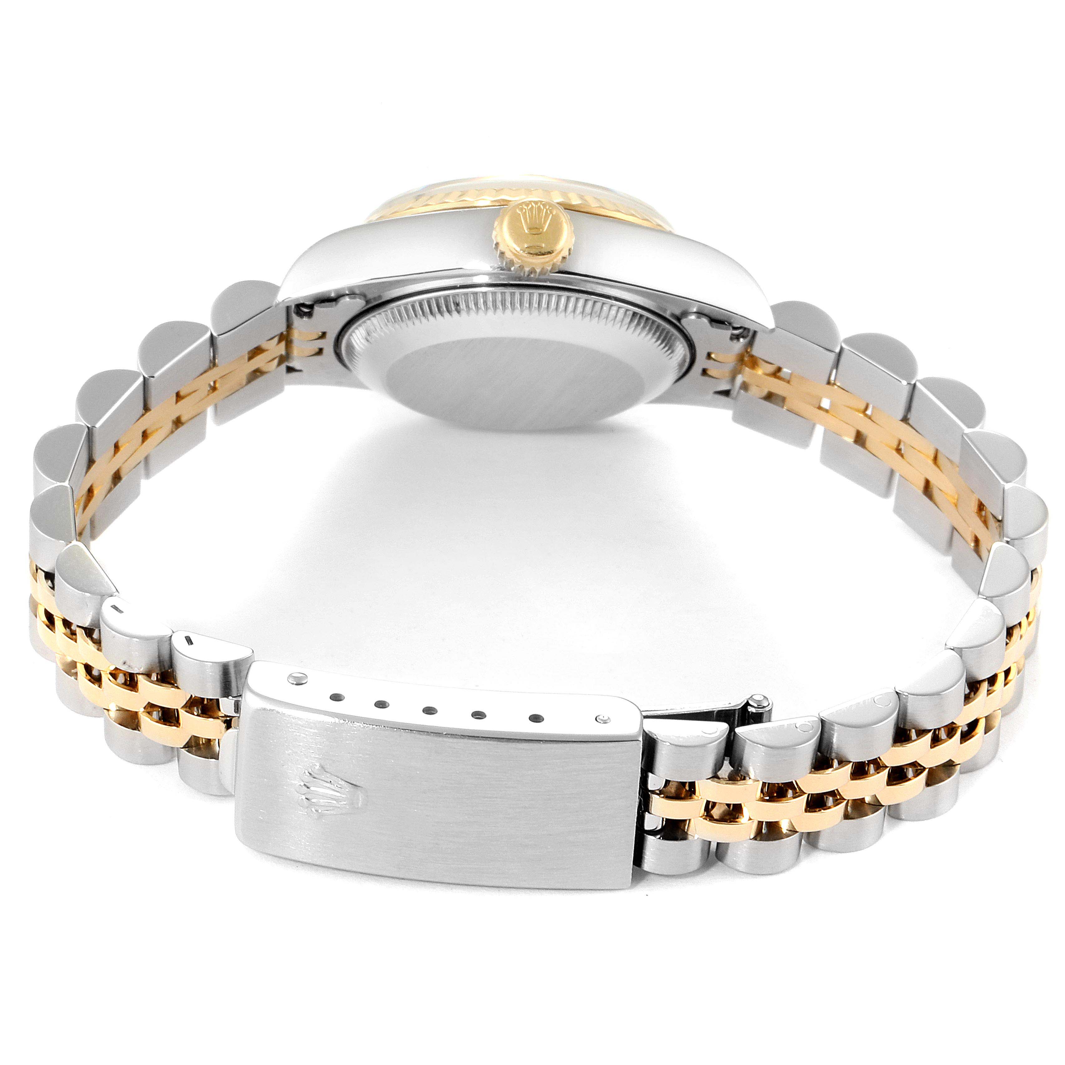 This image shows the back view of a Rolex Datejust 69173 Women's Stainless Steel Champagne Dial 69173 Women's Stainless Steel Champagne Dial watch, focusing on the case back and Jubilee bracelet.