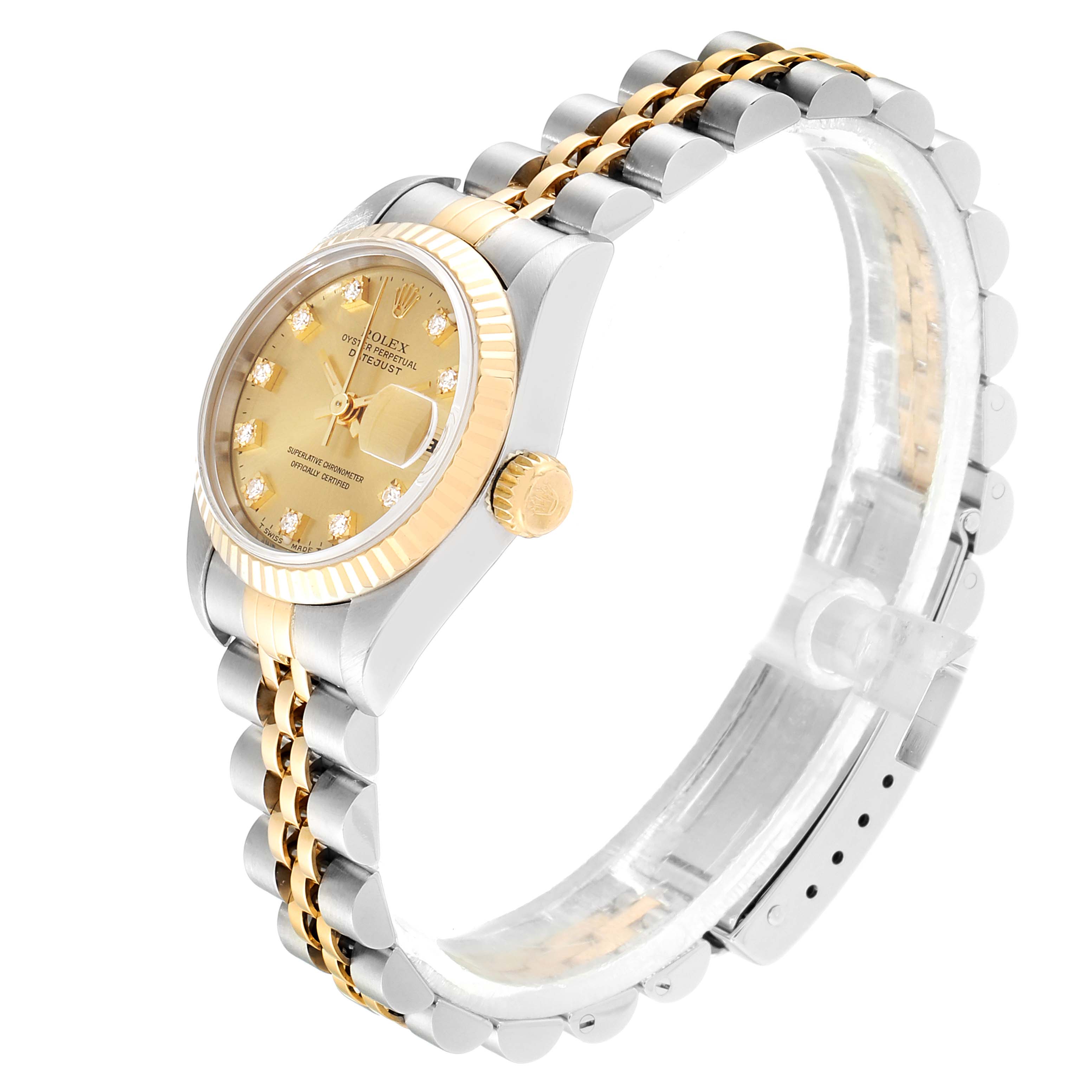 This image shows a side profile of the Rolex Datejust 69173 Women's Stainless Steel Champagne Dial 69173 Women's Stainless Steel Champagne Dial, highlighting its gold bezel and two-tone bracelet.