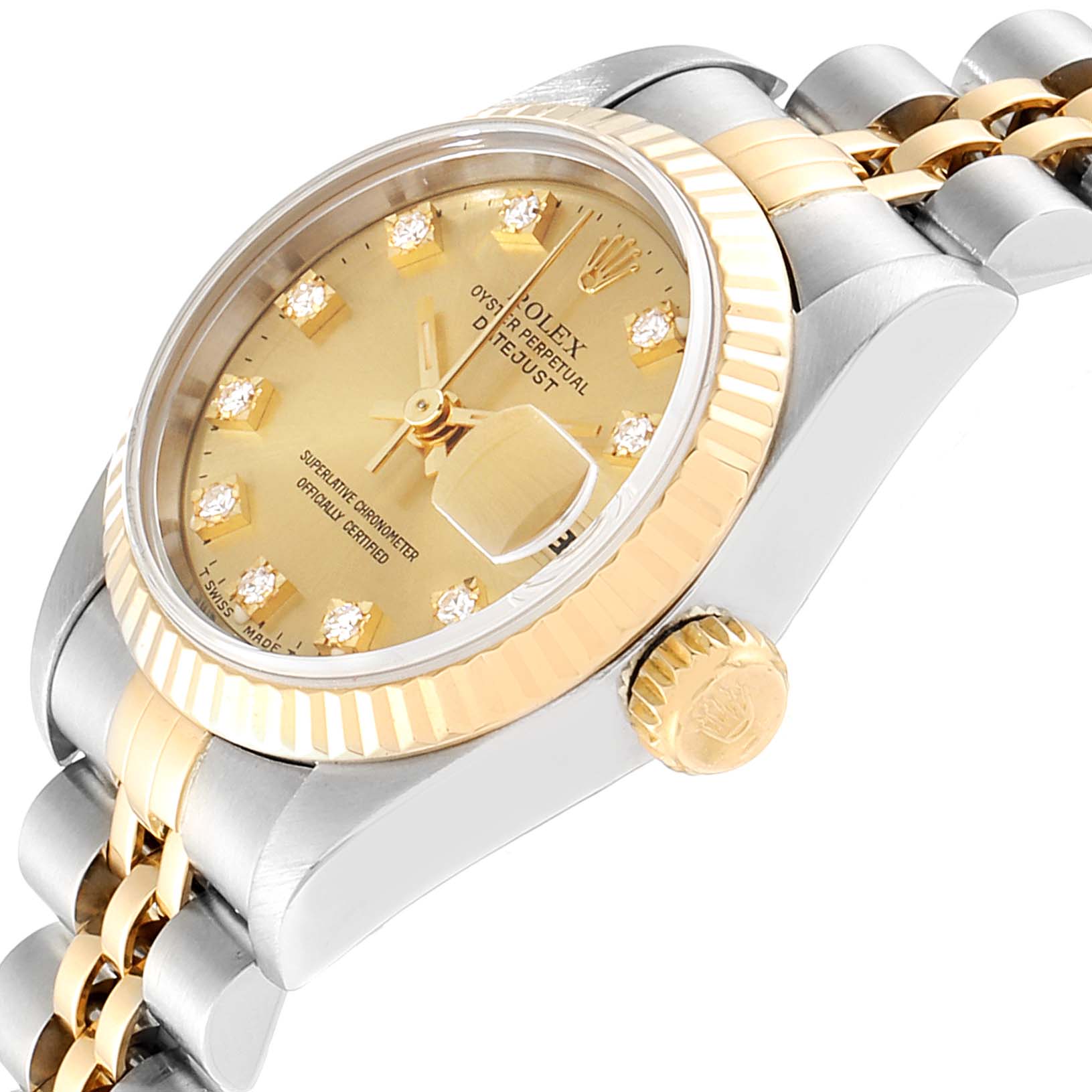 This image shows a side angle of the Rolex Datejust 69173 Women's Stainless Steel Champagne Dial 69173 Women's Stainless Steel Champagne Dial watch, highlighting its dial, crown, and two-tone bracelet.