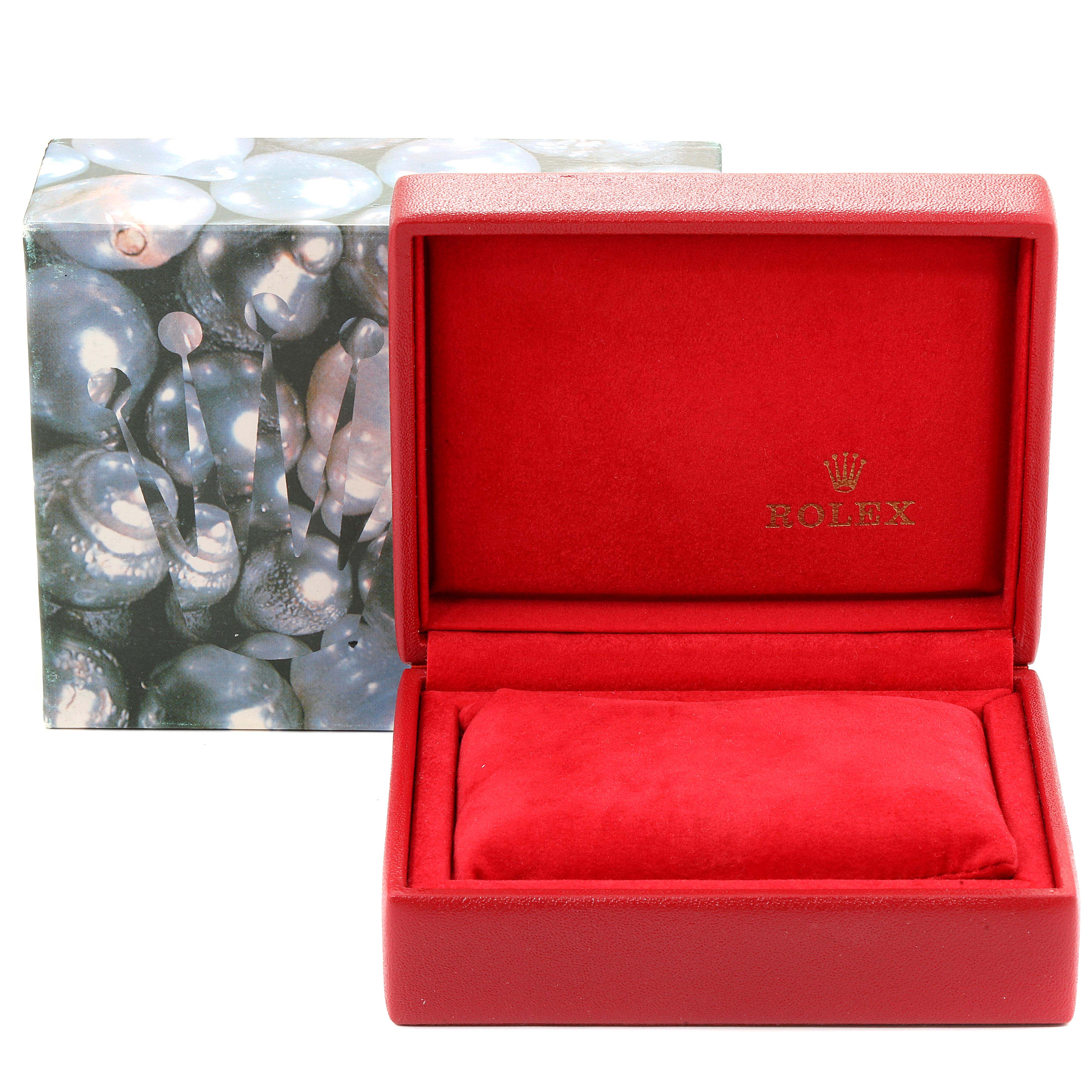 The image shows the open red box and outer packaging for a Rolex Datejust 69173 Women's Stainless Steel Champagne Dial 69173 Women's Stainless Steel Champagne Dial watch.