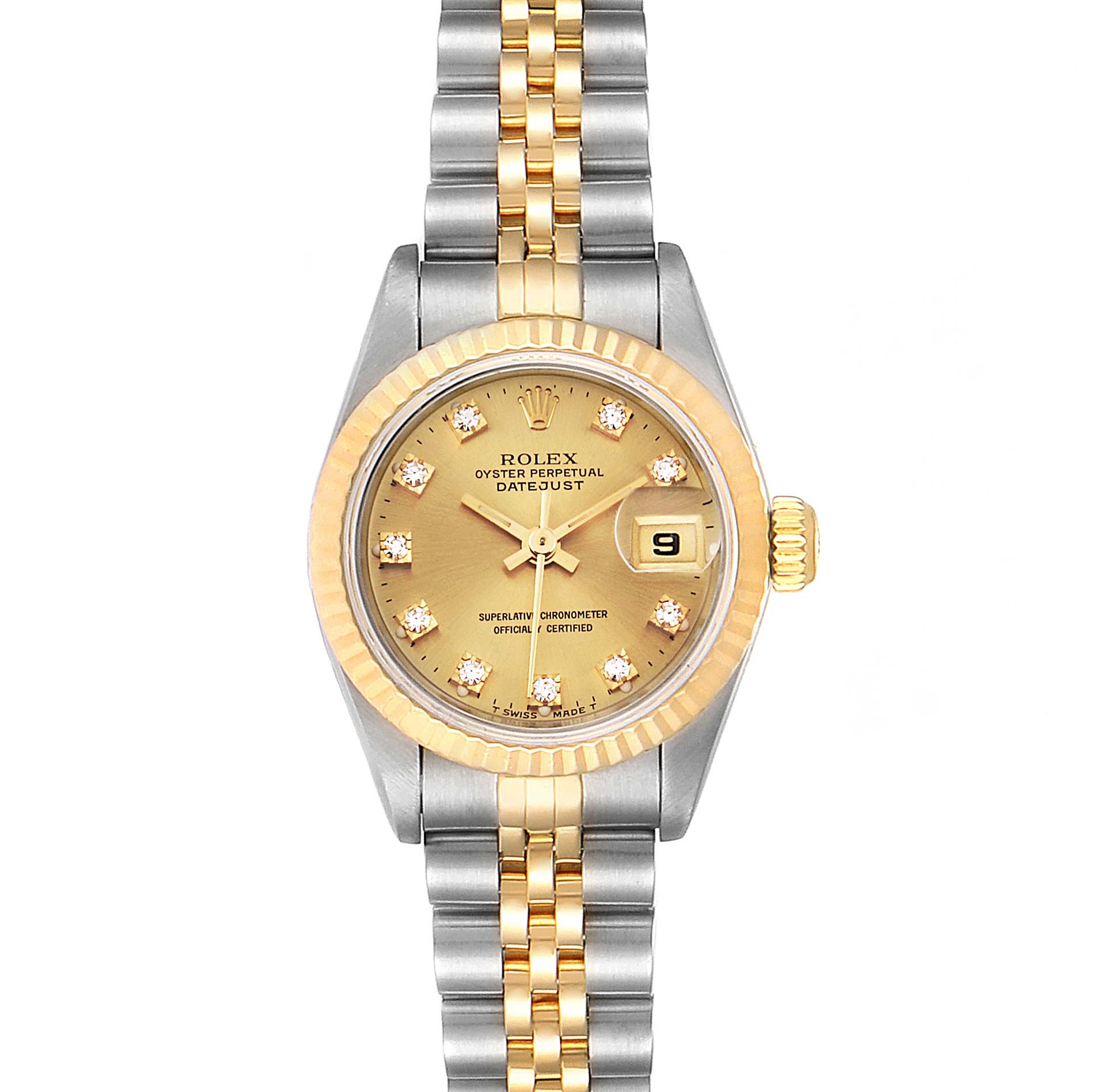 The Rolex Datejust 69173 Women's Stainless Steel Champagne Dial 69173 Women's Stainless Steel Champagne Dial watch is shown from a top-down angle, displaying the face, bracelet, and the date window.