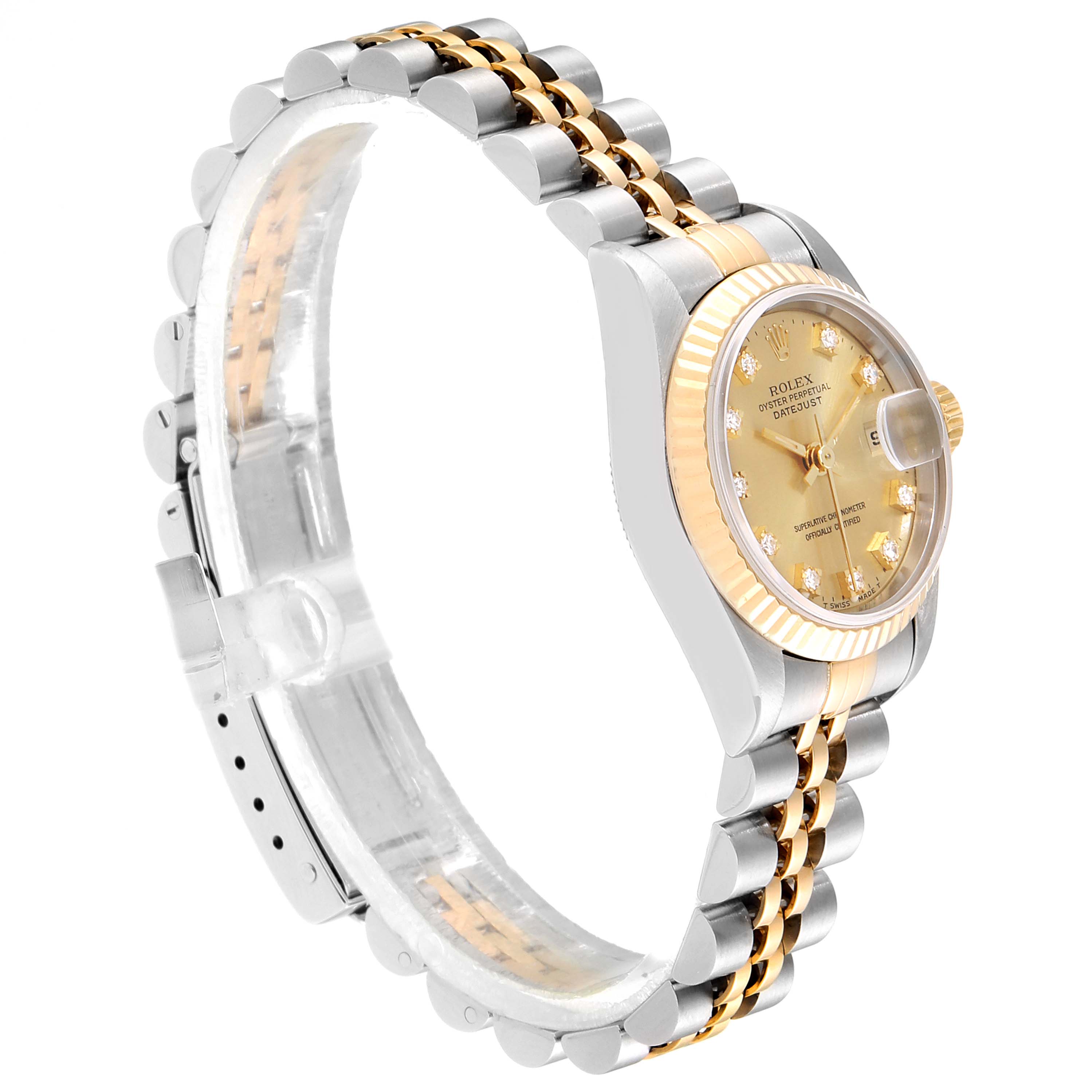 The Rolex Datejust 69173 Women's Stainless Steel Champagne Dial 69173 Women's Stainless Steel Champagne Dial watch is viewed from an angle showcasing the bracelet, case, dial, and fluted bezel.