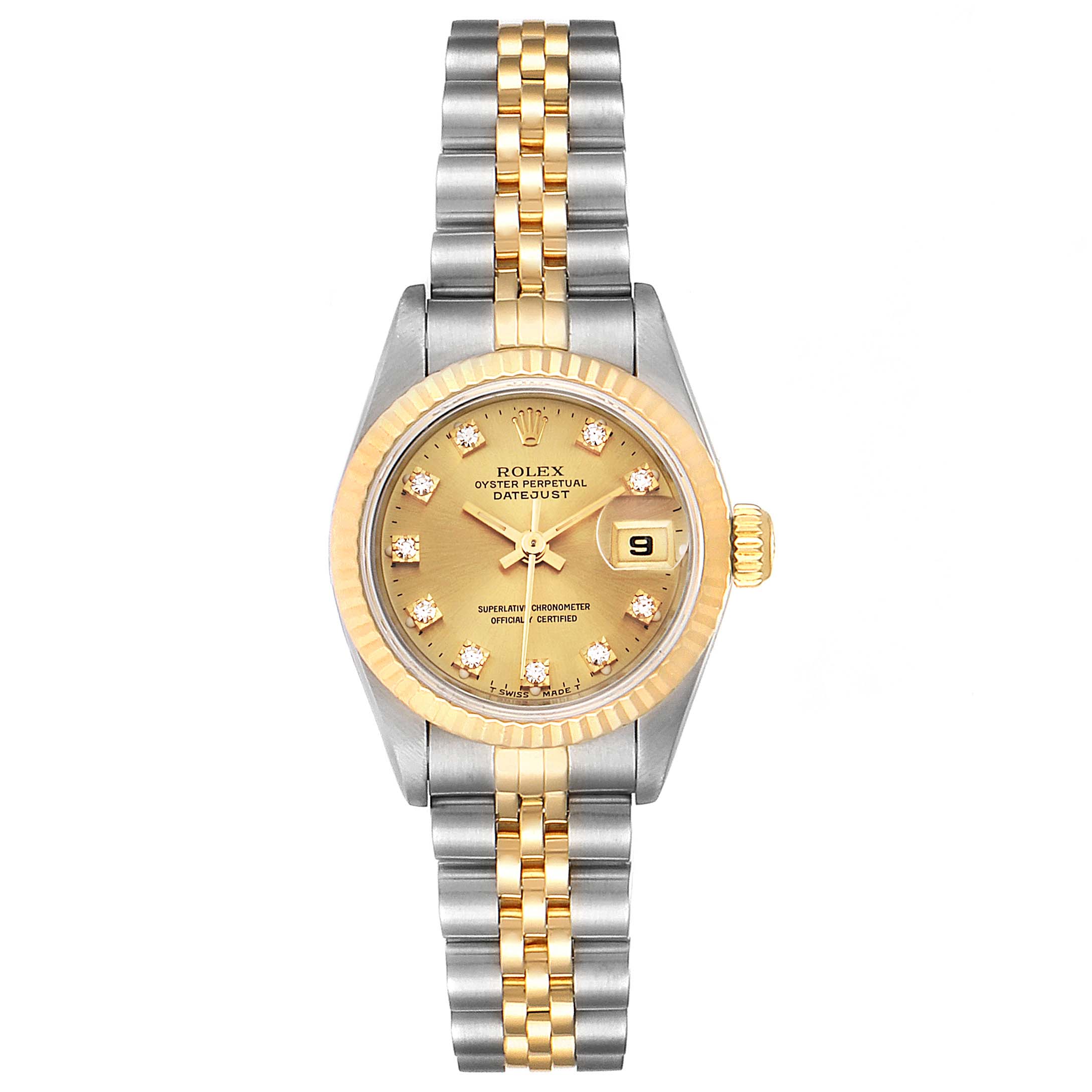 This image shows the front view of a Rolex Datejust 69173 Women's Stainless Steel Champagne Dial 69173 Women's Stainless Steel Champagne Dial watch, featuring a two-tone bracelet, gold bezel, and diamond hour markers.