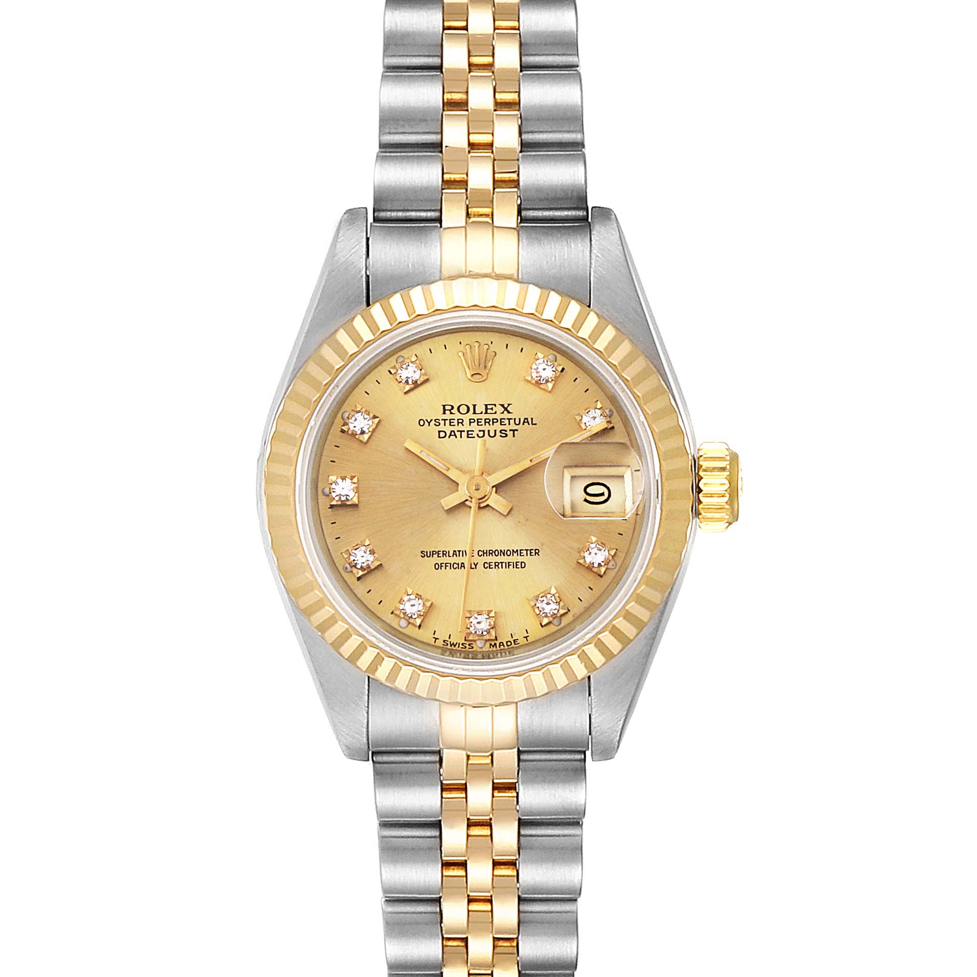 This image displays a front view of the Rolex Datejust 69173 Women
s Steel and Gold (two tone) Champagne Dial 69173 Women
s Steel and Gold (two tone) Champagne Dial watch showcasing the dial, bezel, and two-tone bracelet.