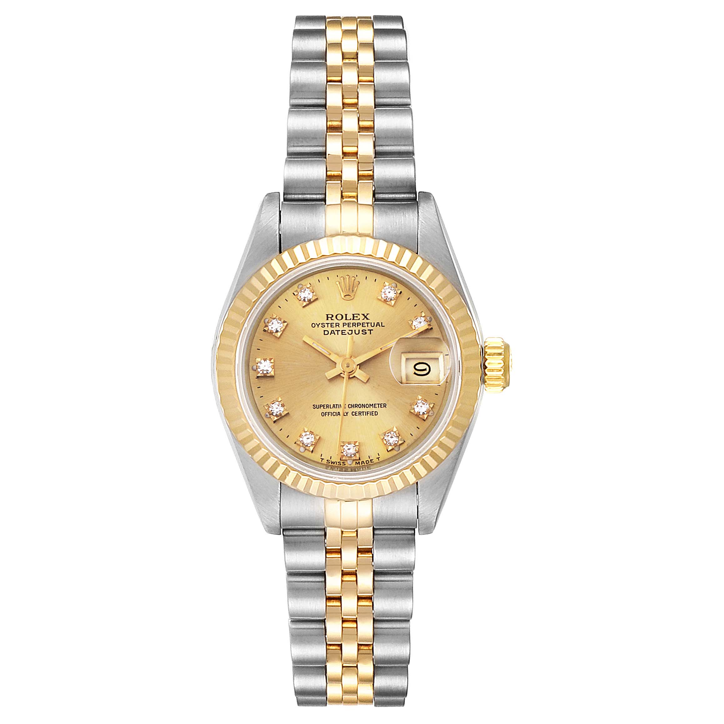 The Rolex Datejust 69173 Women
s Steel and Gold (two tone) Champagne Dial 69173 Women
s Steel and Gold (two tone) Champagne Dial watch is shown from a top-down angle, displaying the face, bezel, and two-tone bracelet.