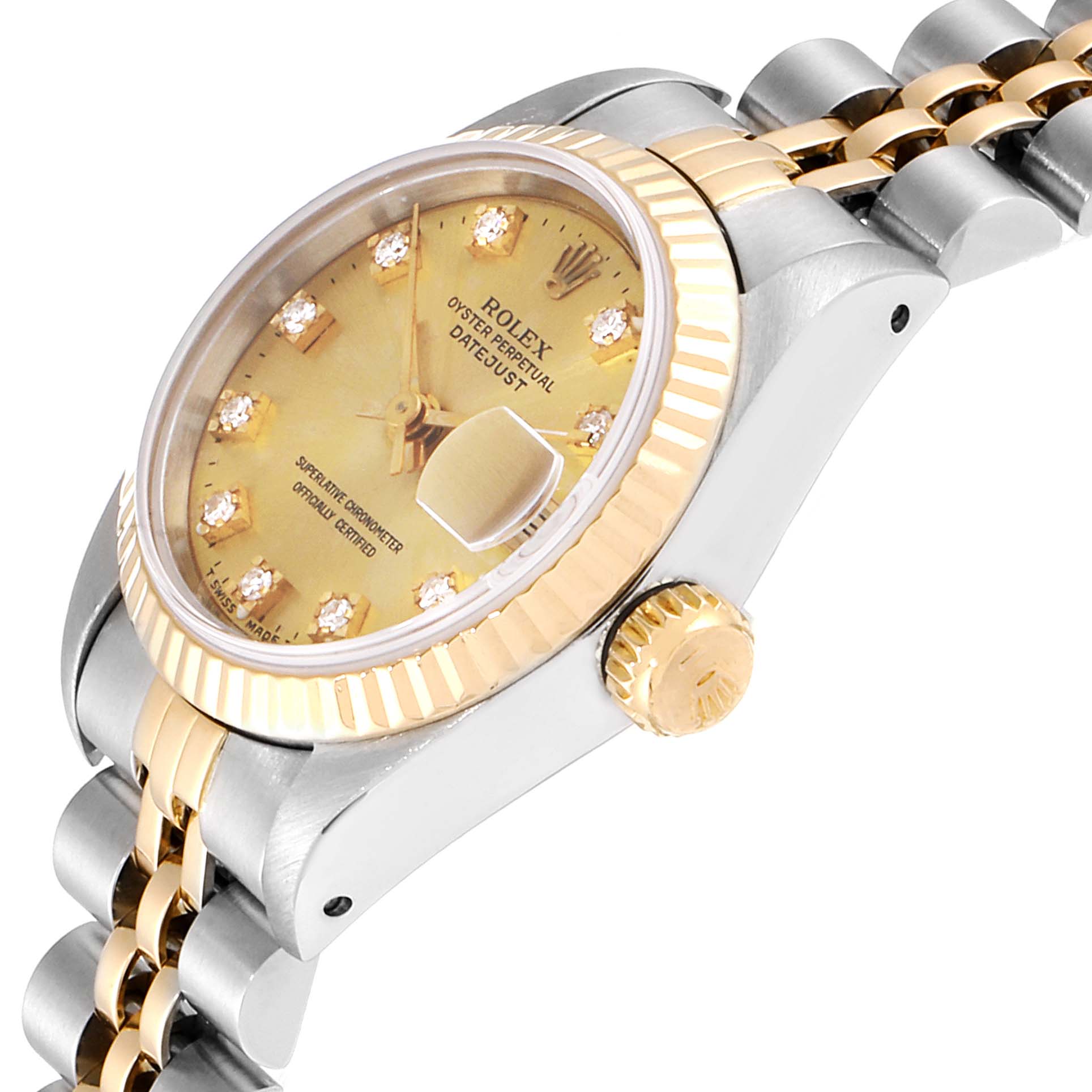 The image shows a Rolex Datejust 69173 Women
s Steel and Gold (two tone) Champagne Dial 69173 Women
s Steel and Gold (two tone) Champagne Dial watch at a side angle, highlighting its face, bezel, crown, and bracelet.
