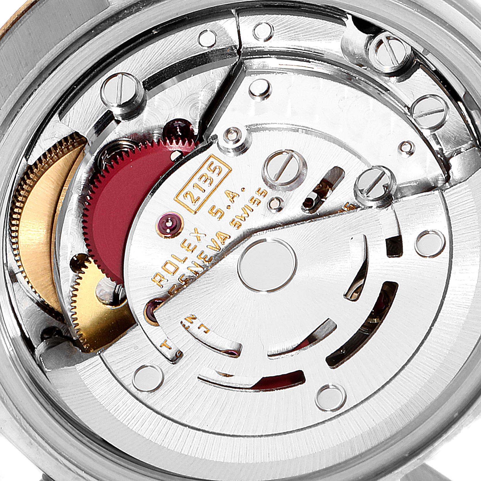 This is a close-up view of the intricate internal mechanism of a Rolex Datejust 69173 Women
s Steel and Gold (two tone) Champagne Dial 69173 Women
s Steel and Gold (two tone) Champagne Dial watch. 