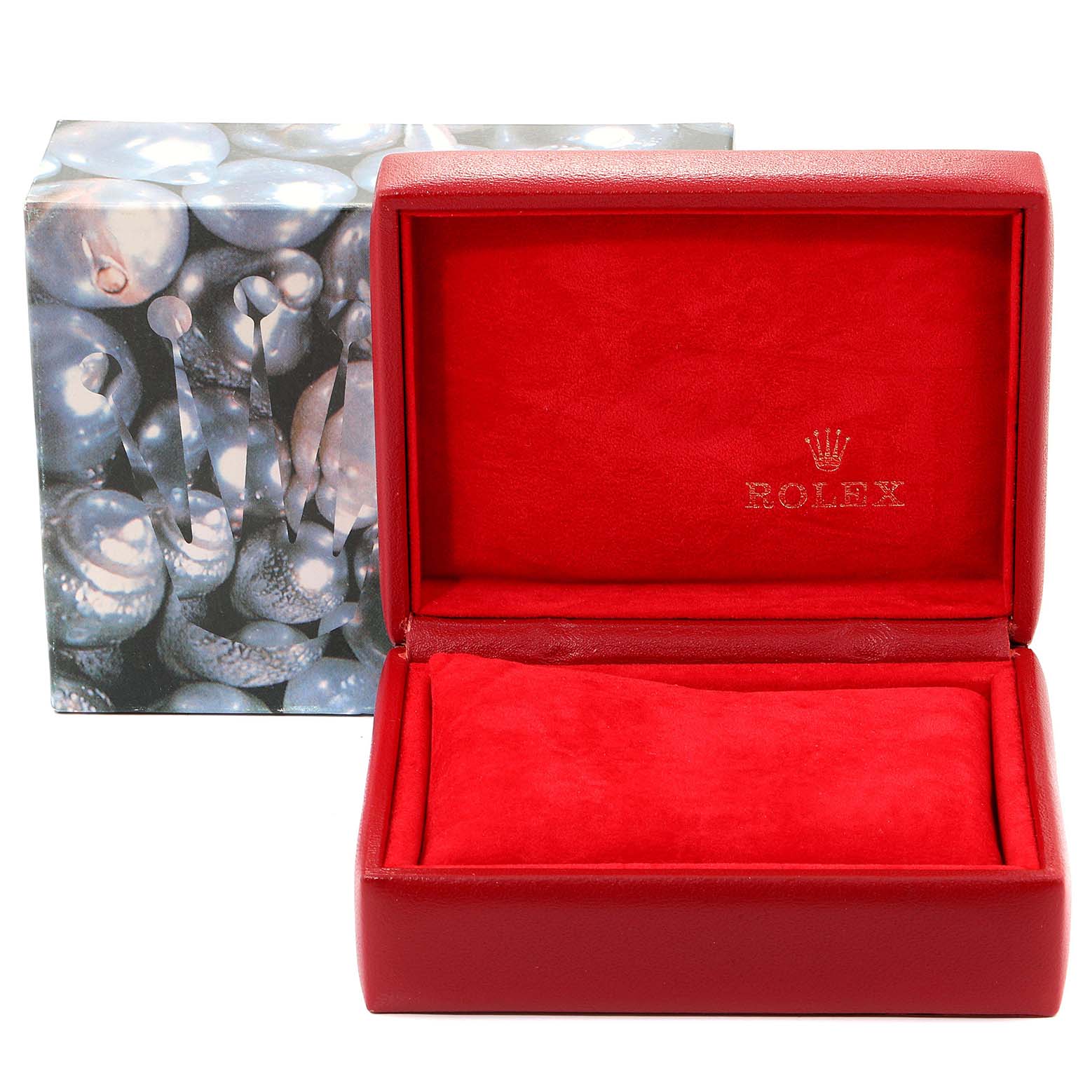 This image shows an open red Rolex Datejust 69173 Women
s Steel and Gold (two tone) Champagne Dial 69173 Women
s Steel and Gold (two tone) Champagne Dial watch box with a soft interior and an outer decorative box.