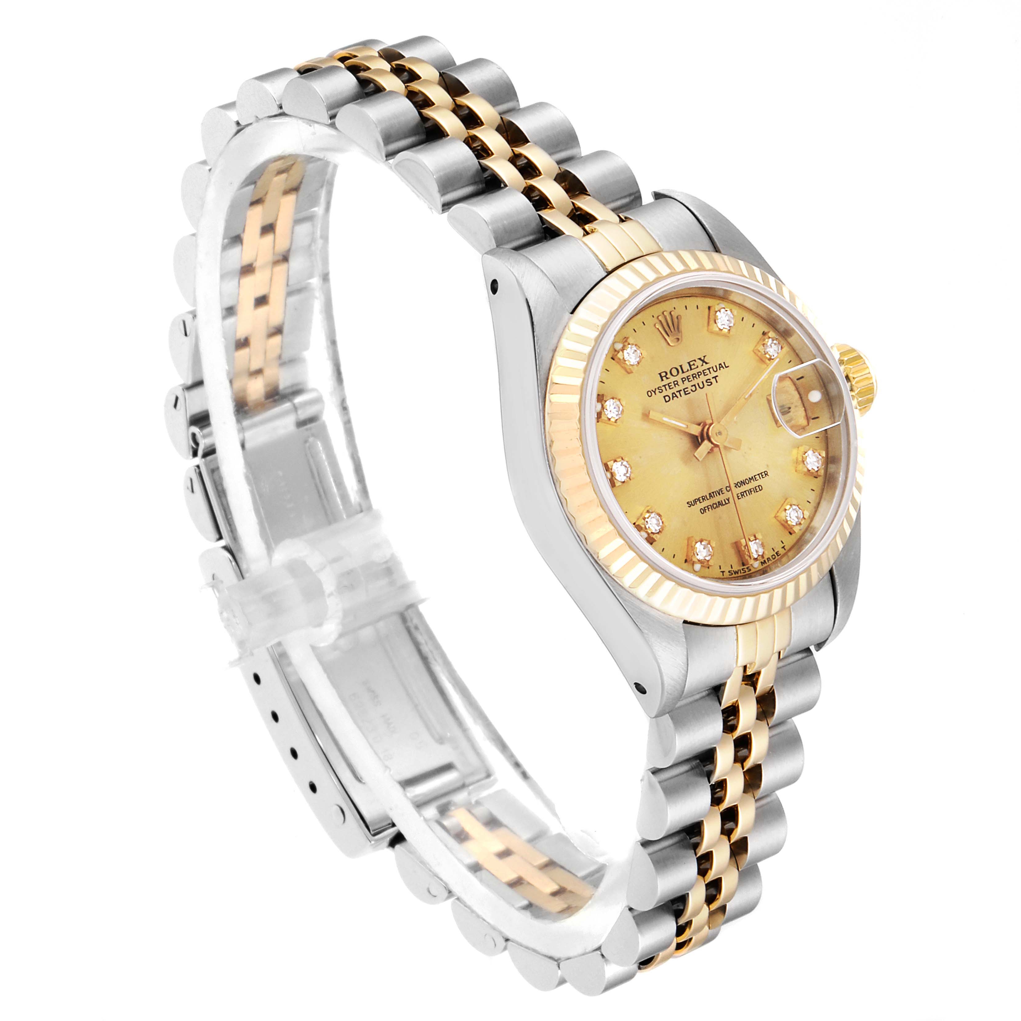 The Rolex Datejust 69173 Women
s Steel and Gold (two tone) Champagne Dial 69173 Women
s Steel and Gold (two tone) Champagne Dial watch is shown from a side angle, featuring its dial, bezel, and two-tone bracelet.