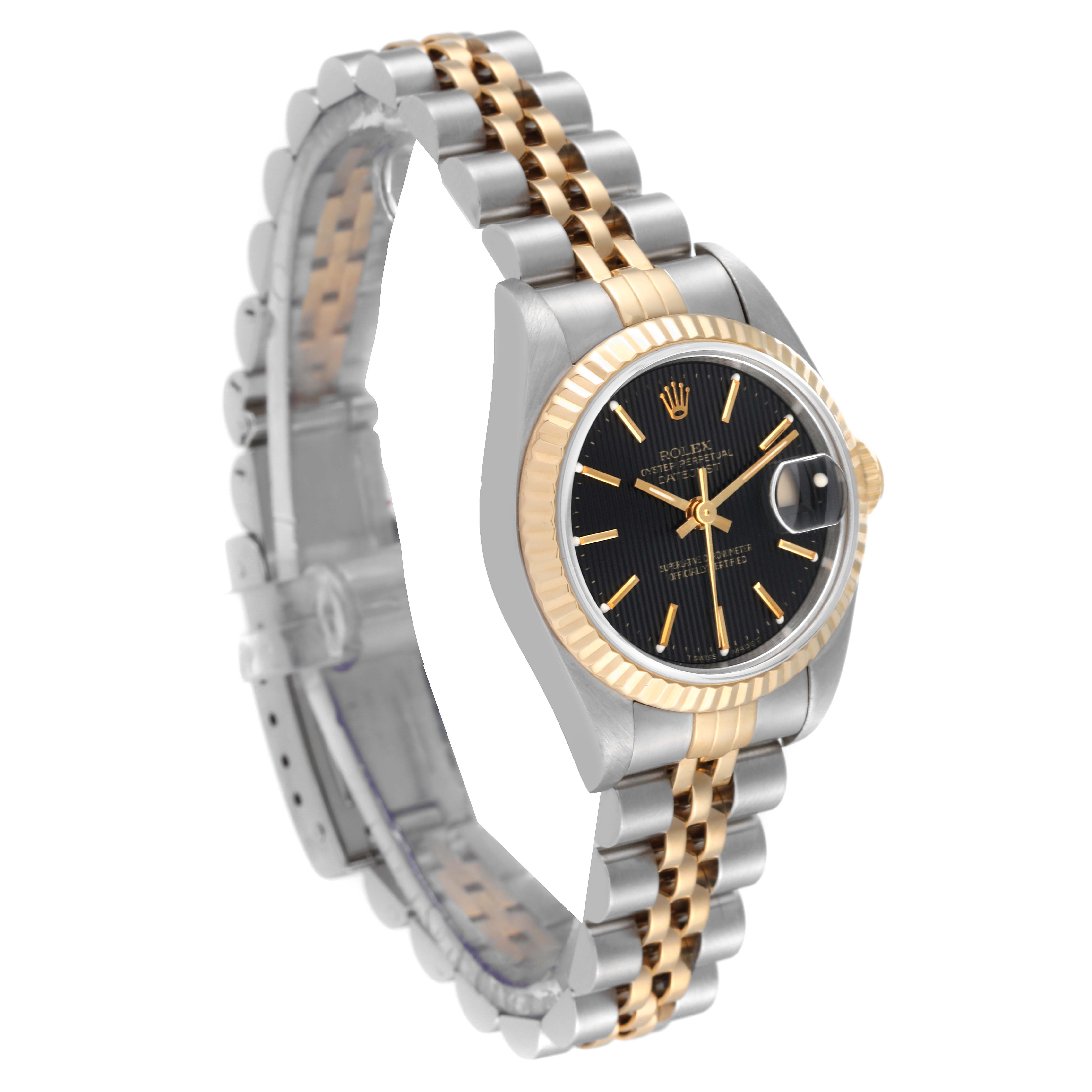 This Rolex Datejust 69173 Women's Steel and Gold (two tone) Black Dial 69173 Women's Steel and Gold (two tone) Black Dial watch is shown at an oblique angle, highlighting its two-tone bracelet and black dial with gold accents.