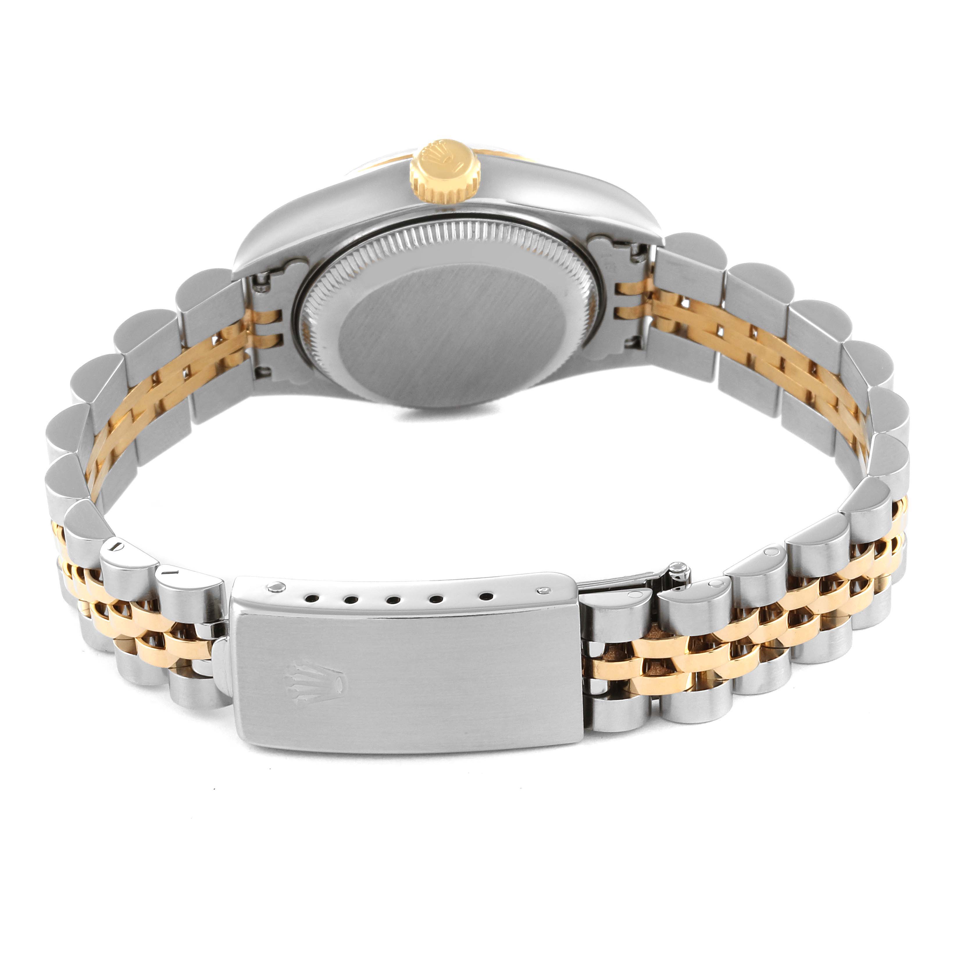 The image shows the back of a Rolex Datejust 69173 Women's Steel and Gold (two tone) Black Dial 69173 Women's Steel and Gold (two tone) Black Dial watch, highlighting the case back and two-tone metal bracelet with a clasp.