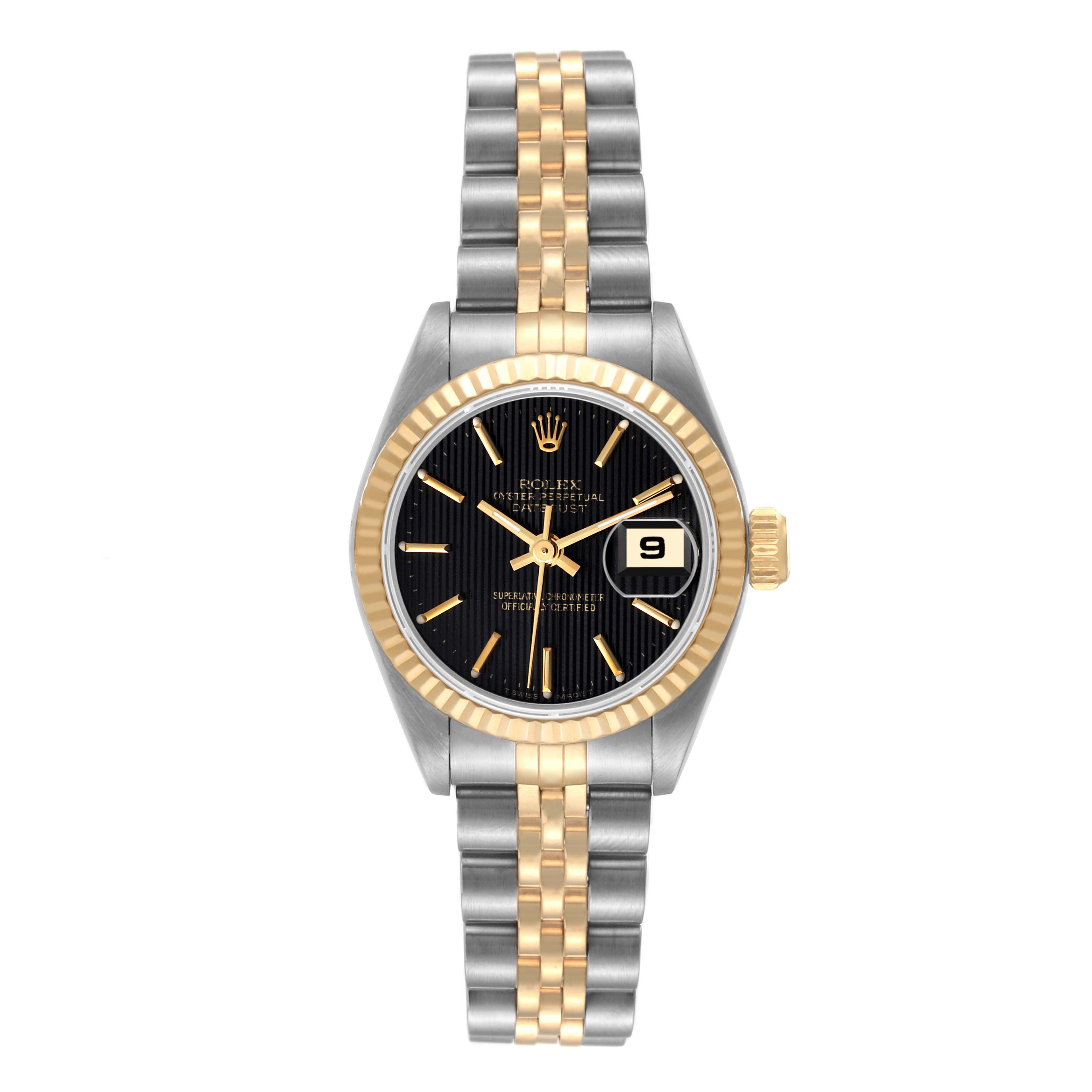 This image shows a Rolex Datejust 69173 Women's Steel and Gold (two tone) Black Dial 69173 Women's Steel and Gold (two tone) Black Dial watch from a front angle, highlighting the dial, bracelet, and date window.
